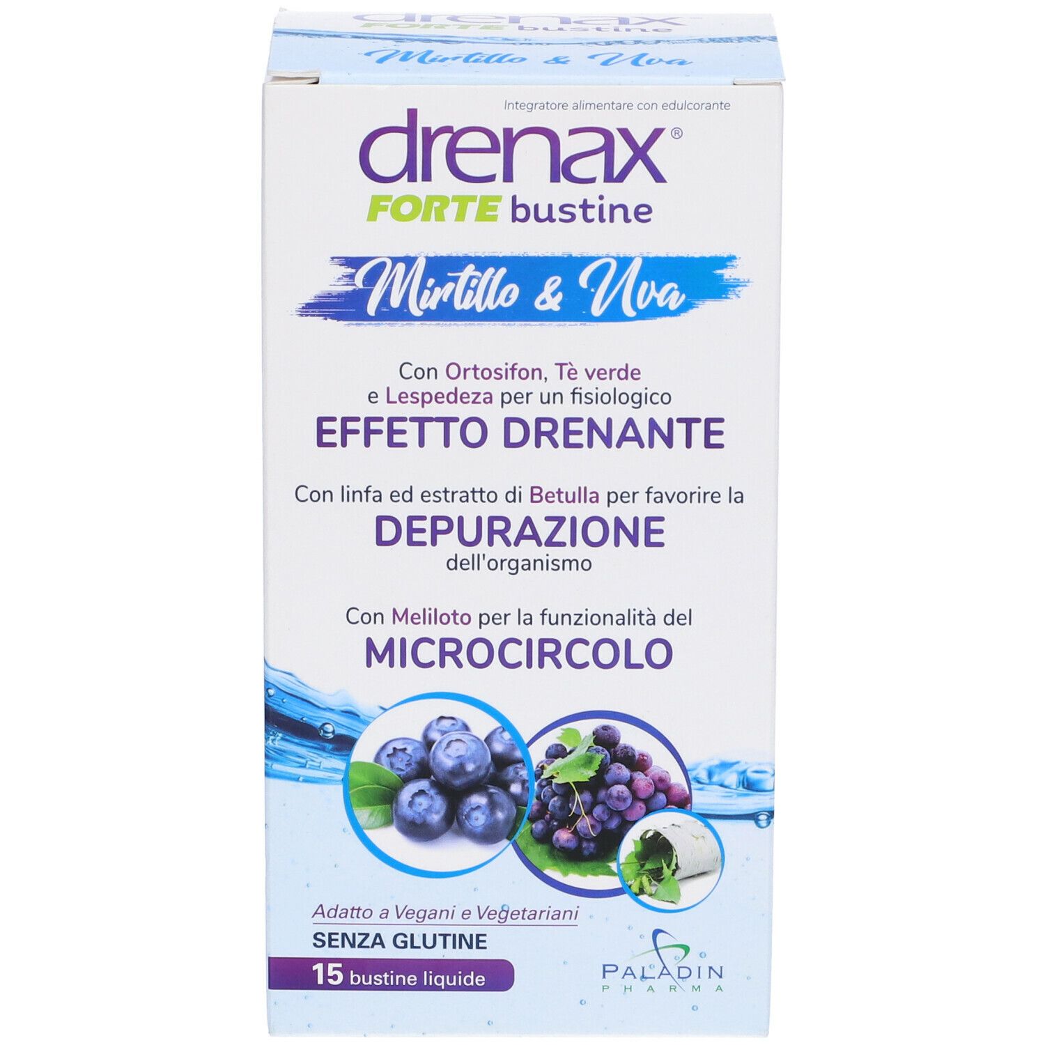 Scatola Drenax Forte Bustine. Fronte con mirtilli e uva. 15 bustine liquide. Senza glutine.