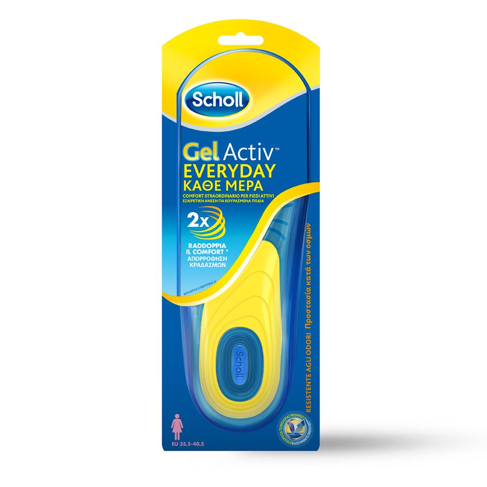 Solette Scholl GelActiv Everyday donna. Solette giallo-blu in confezione. Taglia 35.5-40.5. Marchio Scholl.