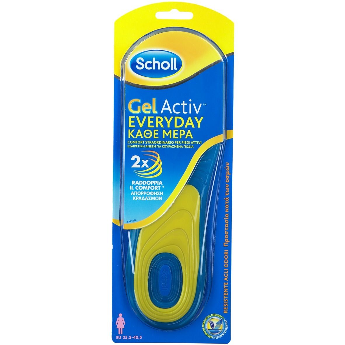 Solette Scholl GelActiv Everyday donna. Solette giallo-blu in confezione. Taglia 35.5-40.5. Marchio Scholl.