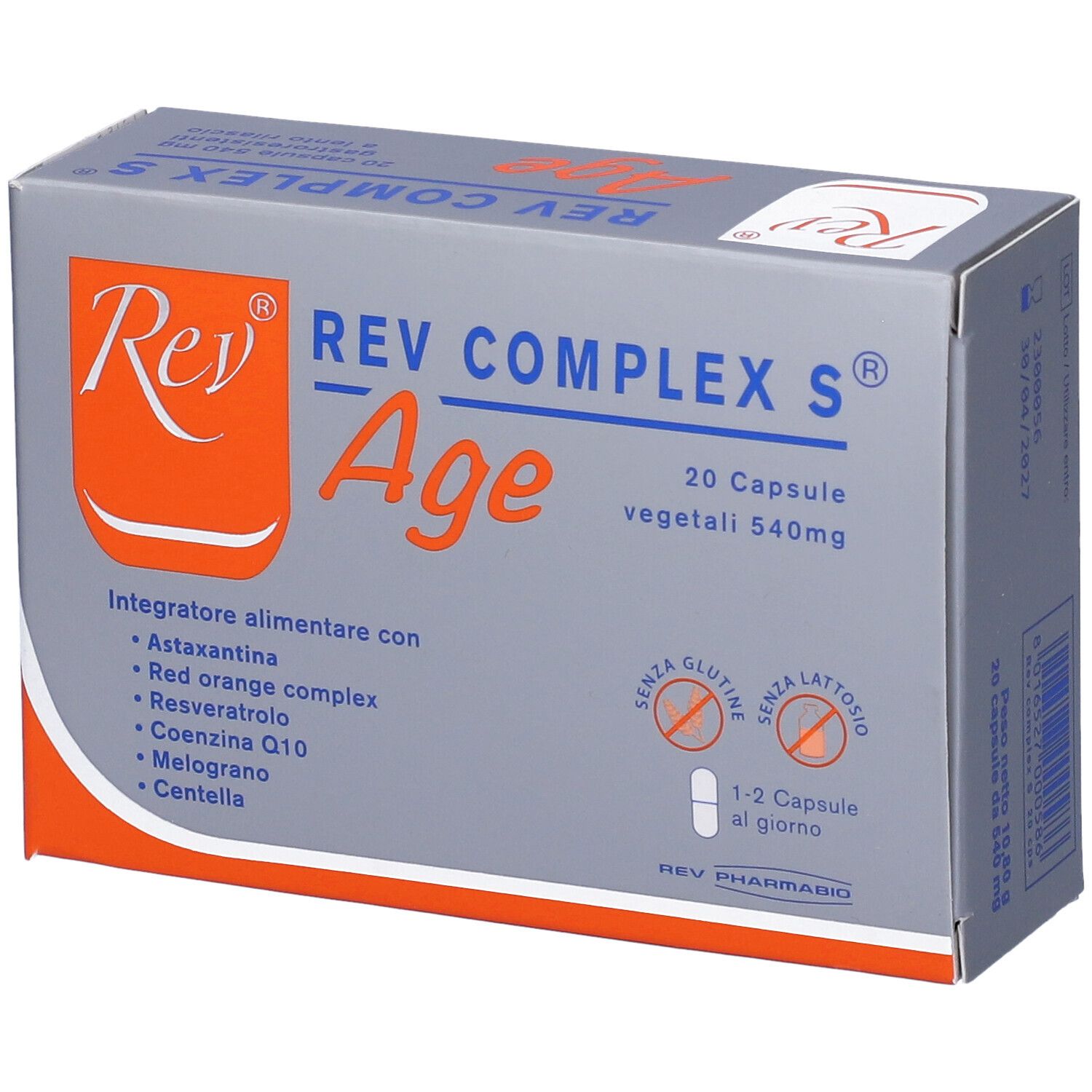 Scatola di Rev Complex S Age 20 capsule. Contiene astaxantina, resveratrolo e altri ingredienti. Senza glutine e lattosio.