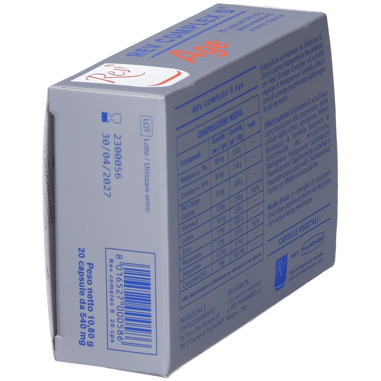 Vista laterale della scatola Rev Complex S Age. Contiene informazioni sugli ingredienti, il numero di lotto e la data di scadenza. 20 capsule.