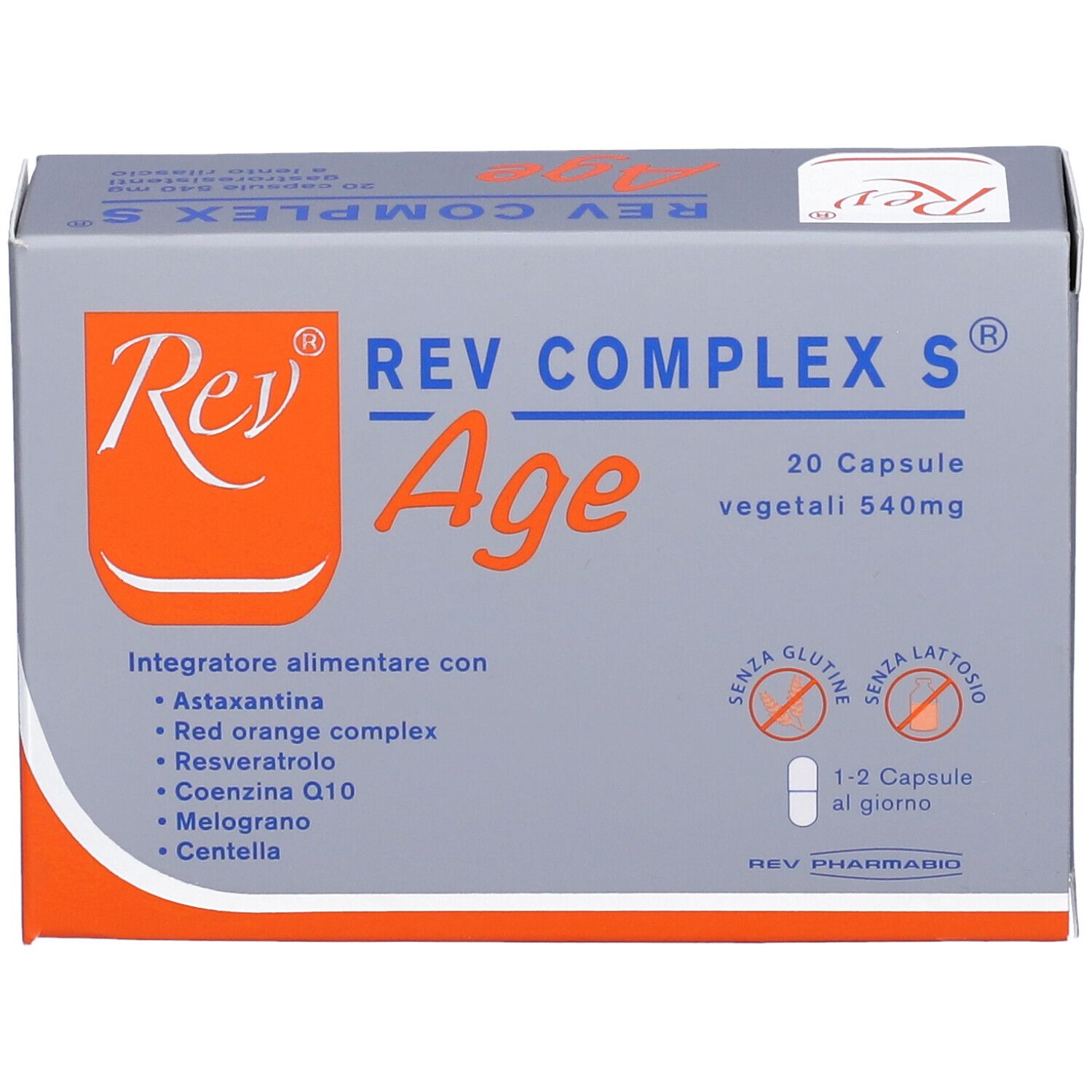 Vista frontale della scatola Rev Complex S Age. Contiene 20 capsule. Senza glutine e lattosio. Contiene astaxantina, resveratrolo e altri ingredienti.