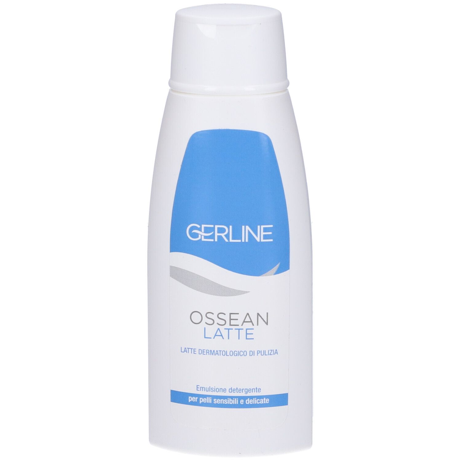 Flacone bianco con etichetta blu. Scritta: GERLINE, OSSEAN LATTE. Latte detergente dermatologico.