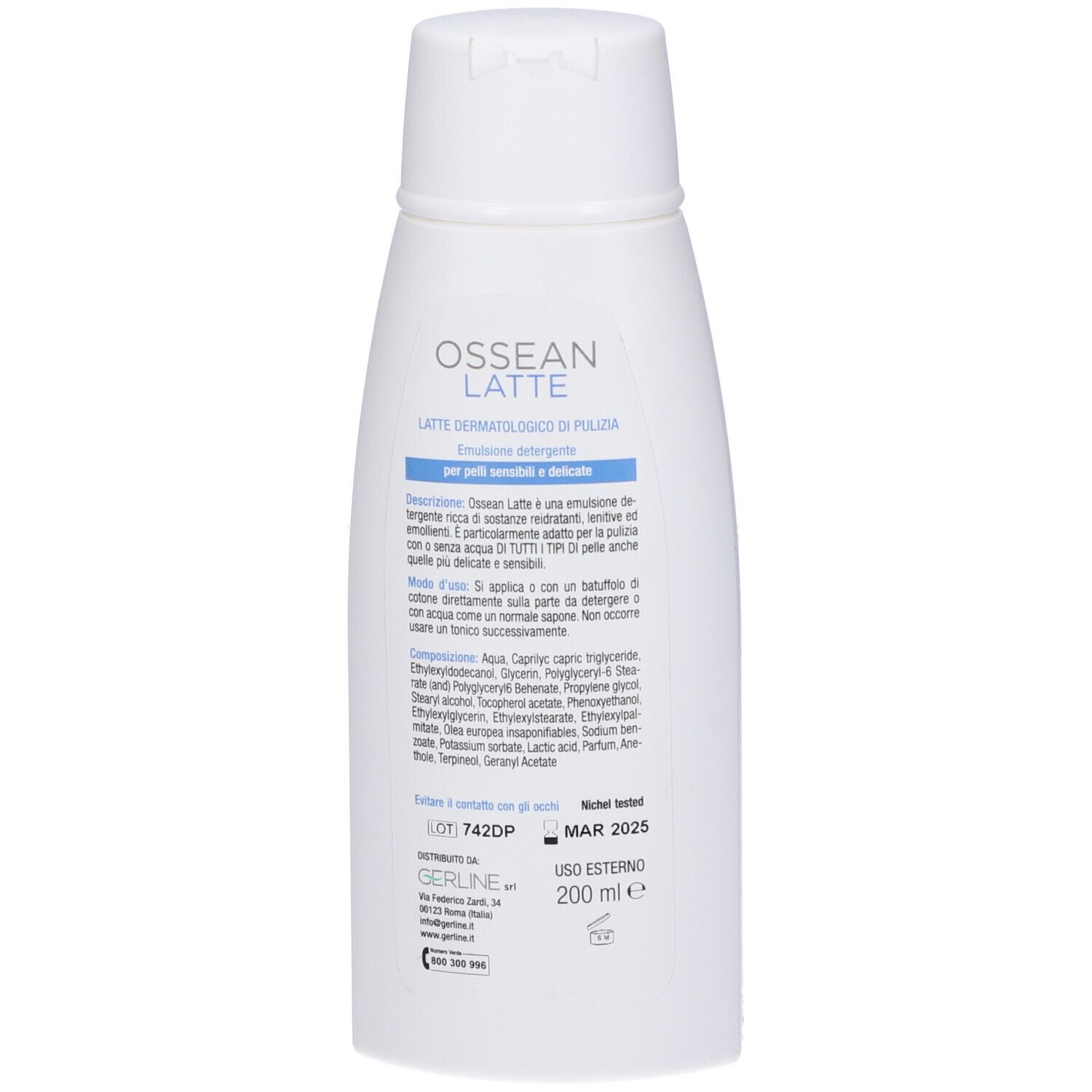 Retro del flacone bianco. Testo e ingredienti. Scritta: OSSEAN LATTE. Scadenza MAR 2025.