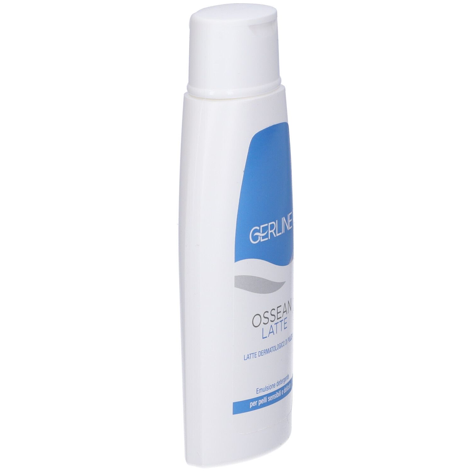 Flacone bianco, vista obliqua. Etichetta blu con testo. Scritta: GERLINE, OSSEAN LATTE.
