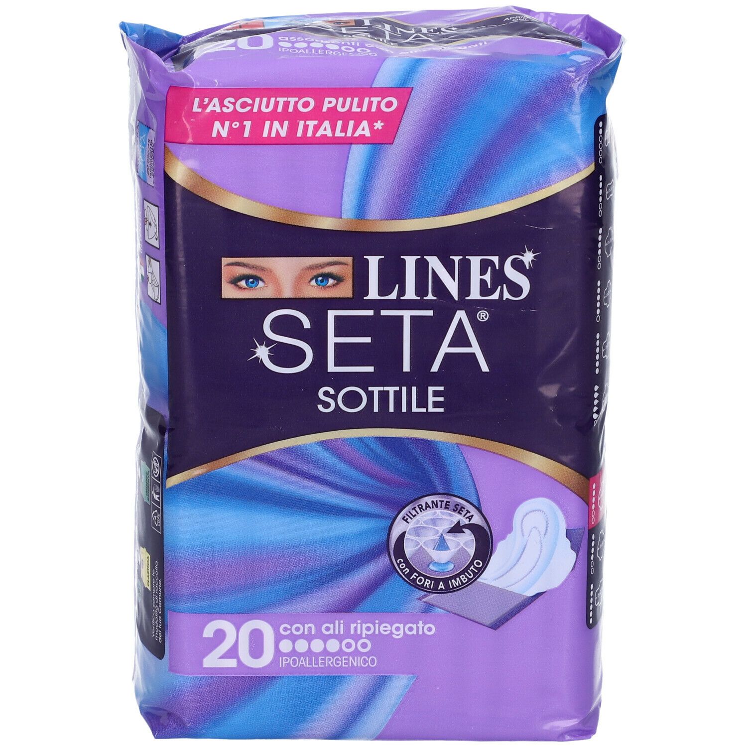 Vista frontale della confezione LINES Seta Sottile con Ali. 20 pezzi, con ali, ipoallergenico. Confezione viola e blu.