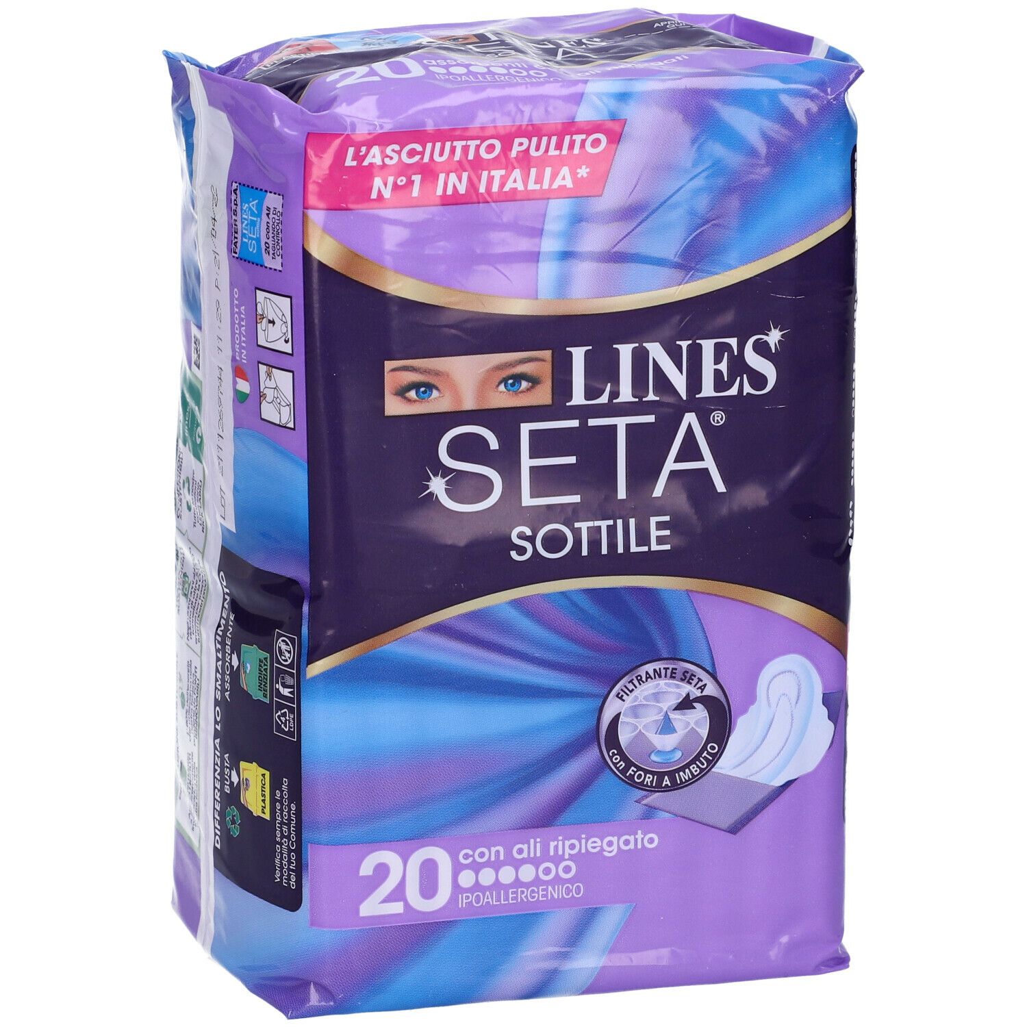 Vista frontale della confezione LINES Seta Sottile con Ali. 20 pezzi, con ali, ipoallergenico. Confezione viola e blu.