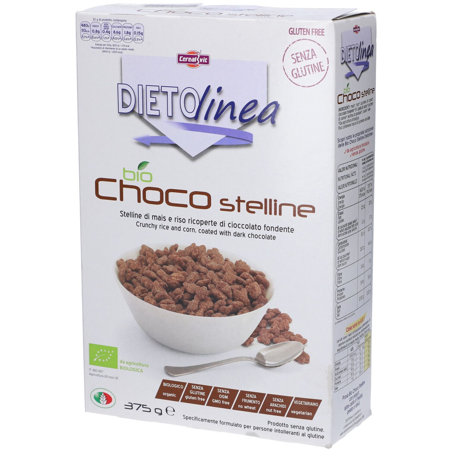 Confezione Dietolinea Bio Choco Stelline. Scatola con cereali, ciotola e cucchiaio. Senza glutine.