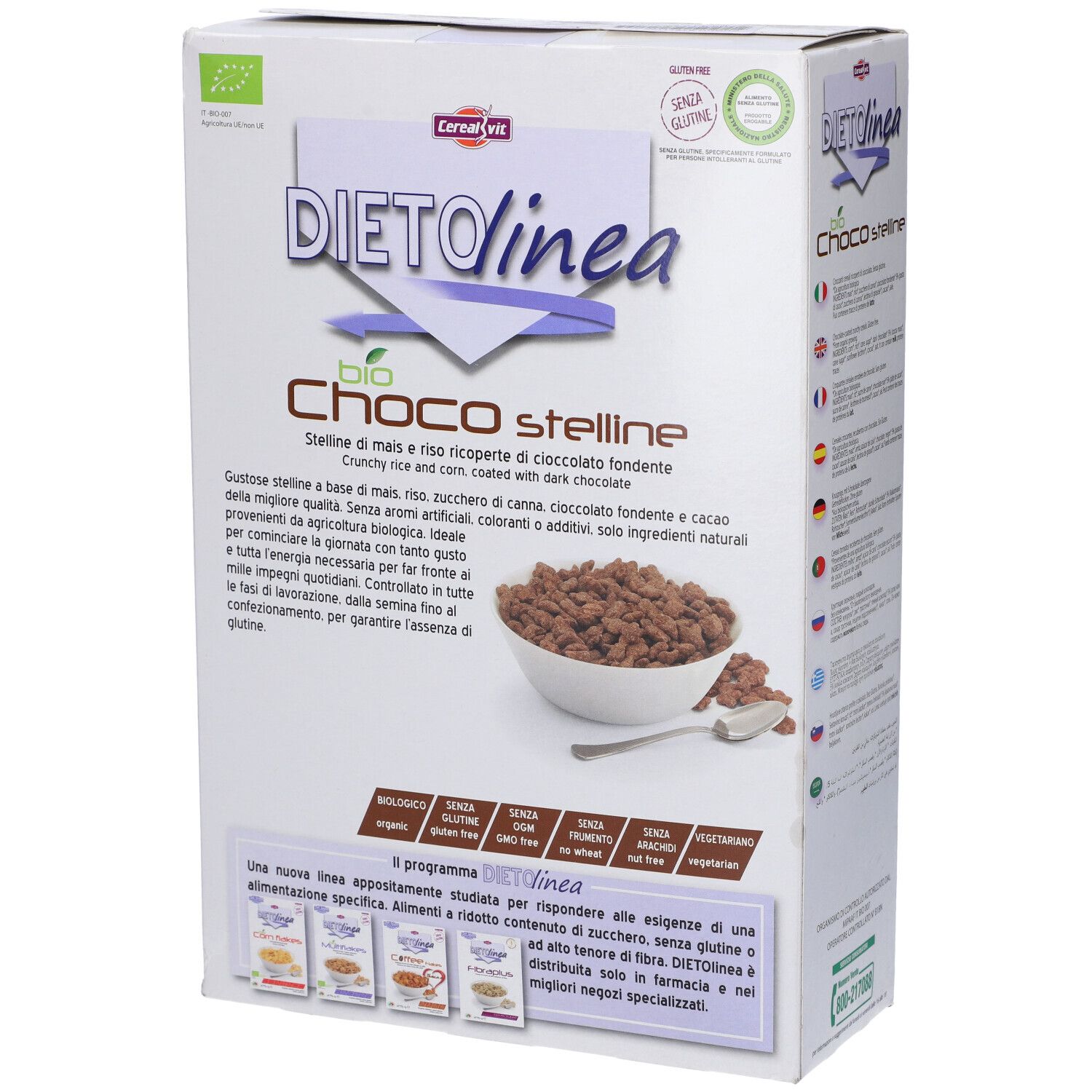 Confezione Dietolinea Bio Choco Stelline. Retro con testo e loghi. Senza glutine.