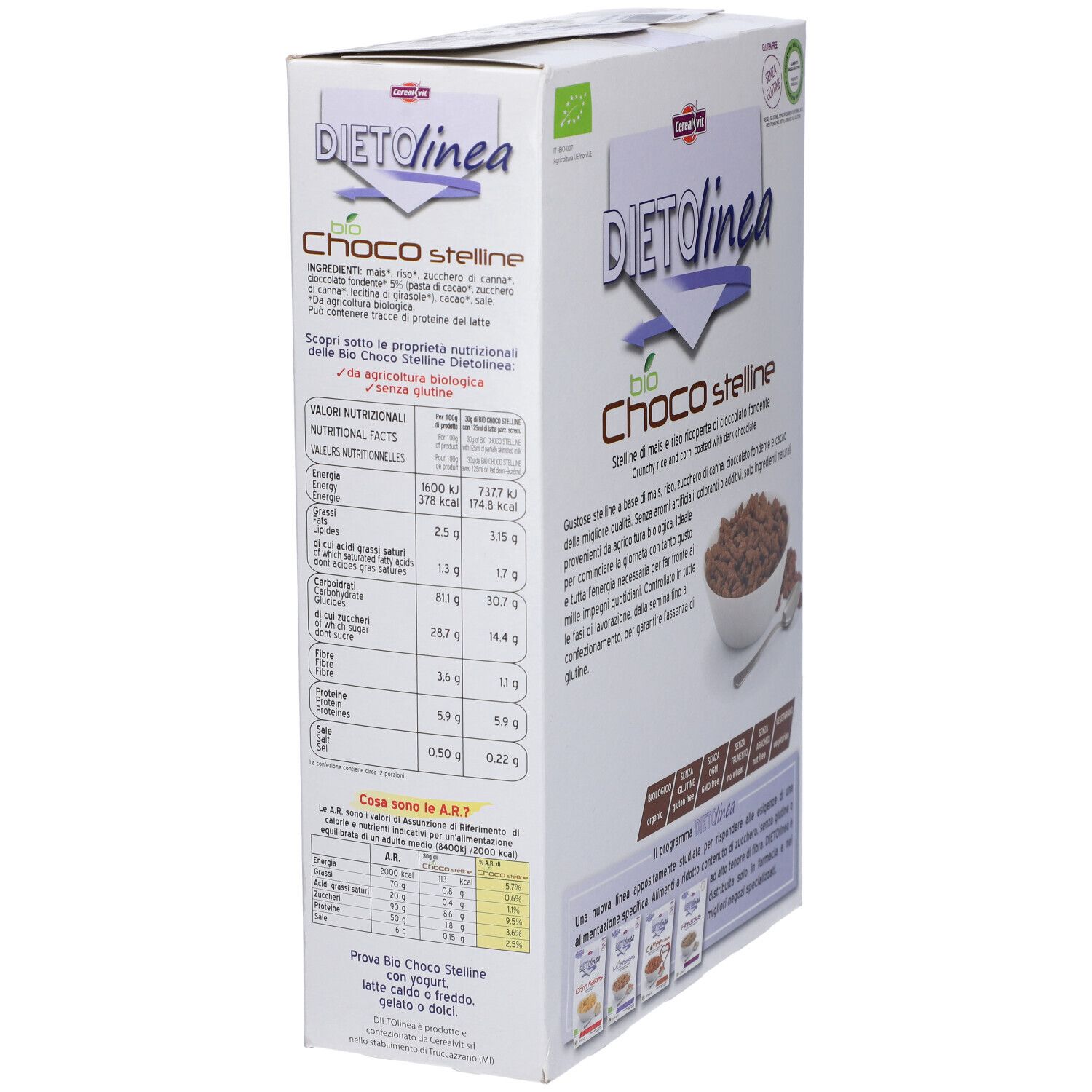 Confezione Dietolinea Bio Choco Stelline. Dettaglio informazioni nutrizionali. Senza glutine.