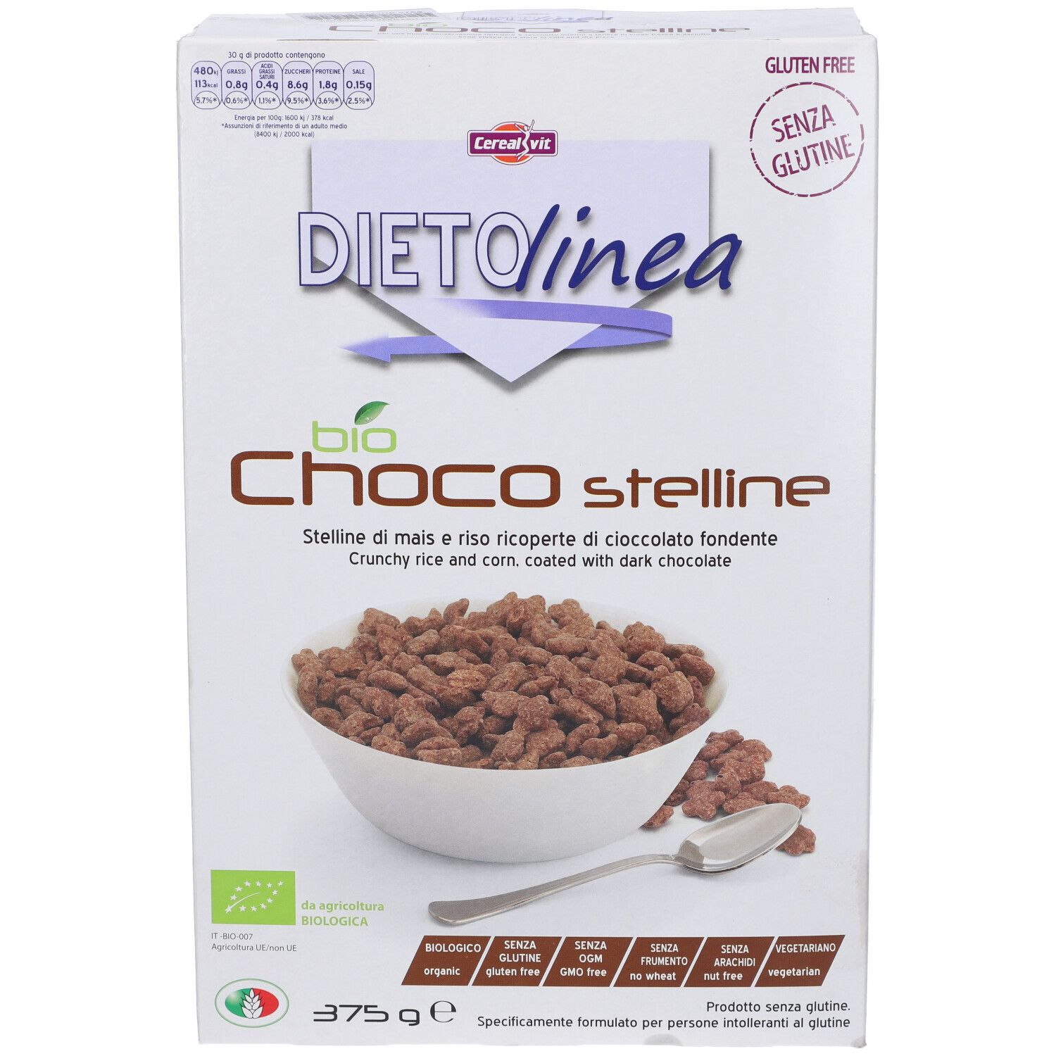 Confezione Dietolinea Bio Choco Stelline. Vista frontale con cereali in ciotola. Senza glutine.