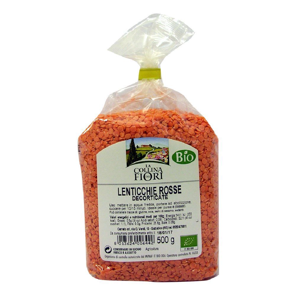 Confezione trasparente di lenticchie rosse. Stampa con nome del prodotto, logo e marchio bio. Confezione da 500 g.
