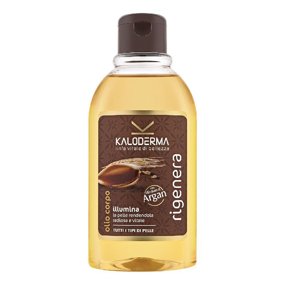 Flacone Kaloderma Olio Corpo Rigenerante. Tappo marrone, etichetta con testo: Argan, illumina, tutti i tipi di pelle.