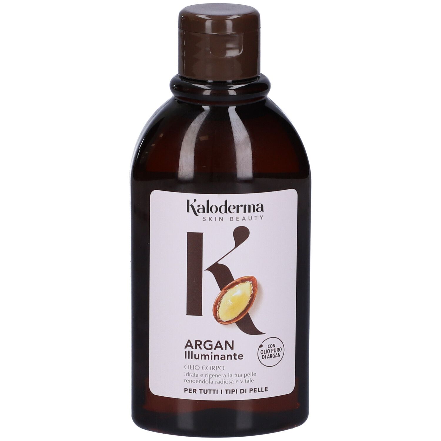 Flacone Kaloderma Olio Corpo. Etichetta bianca con testo: Argan Illuminante, con olio puro di Argan.