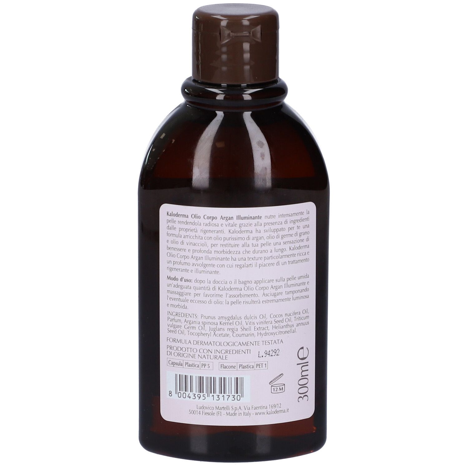 Retro flacone Kaloderma Olio Corpo. Testo: ingredienti, modo d'uso, 300ml, formula dermatologicamente testata.