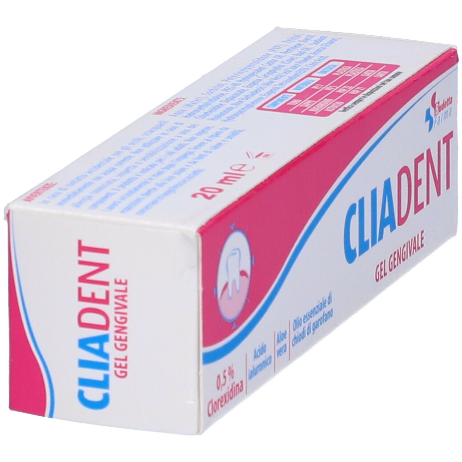 Scatola di Cliadent Gel Gengivale. Confezione rosa e bianca con nome del prodotto e ingredienti.