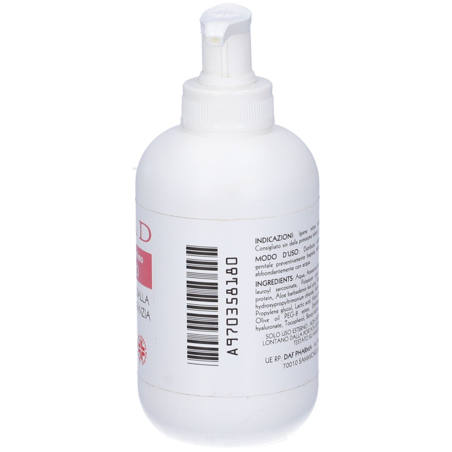 Flacone bianco con dosatore. Retro con informazioni e codice a barre. 250 ml.