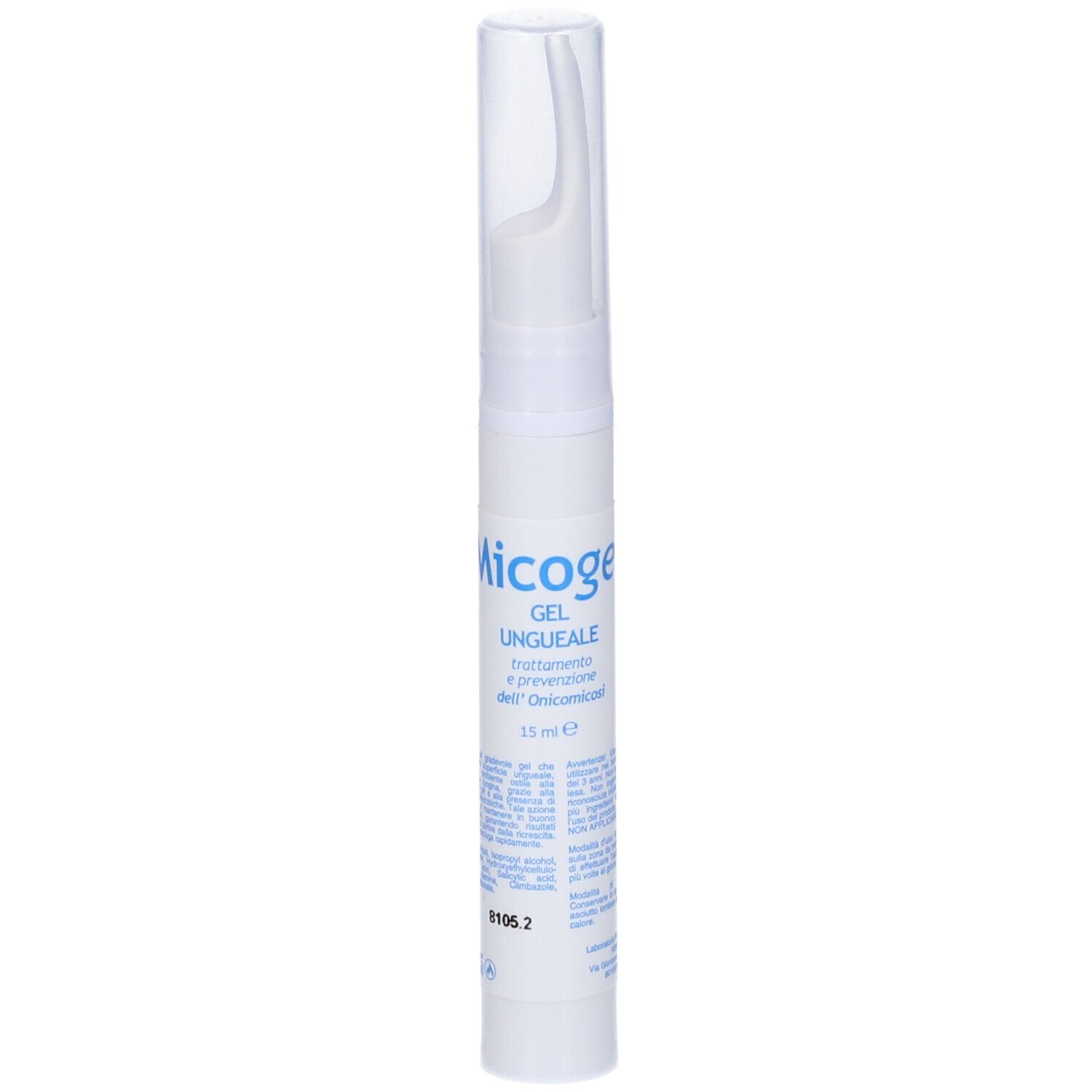 Applicatore gel bianco con tappo trasparente. Scritta blu: Micogel, Gel Ungueale. 15 ml.
