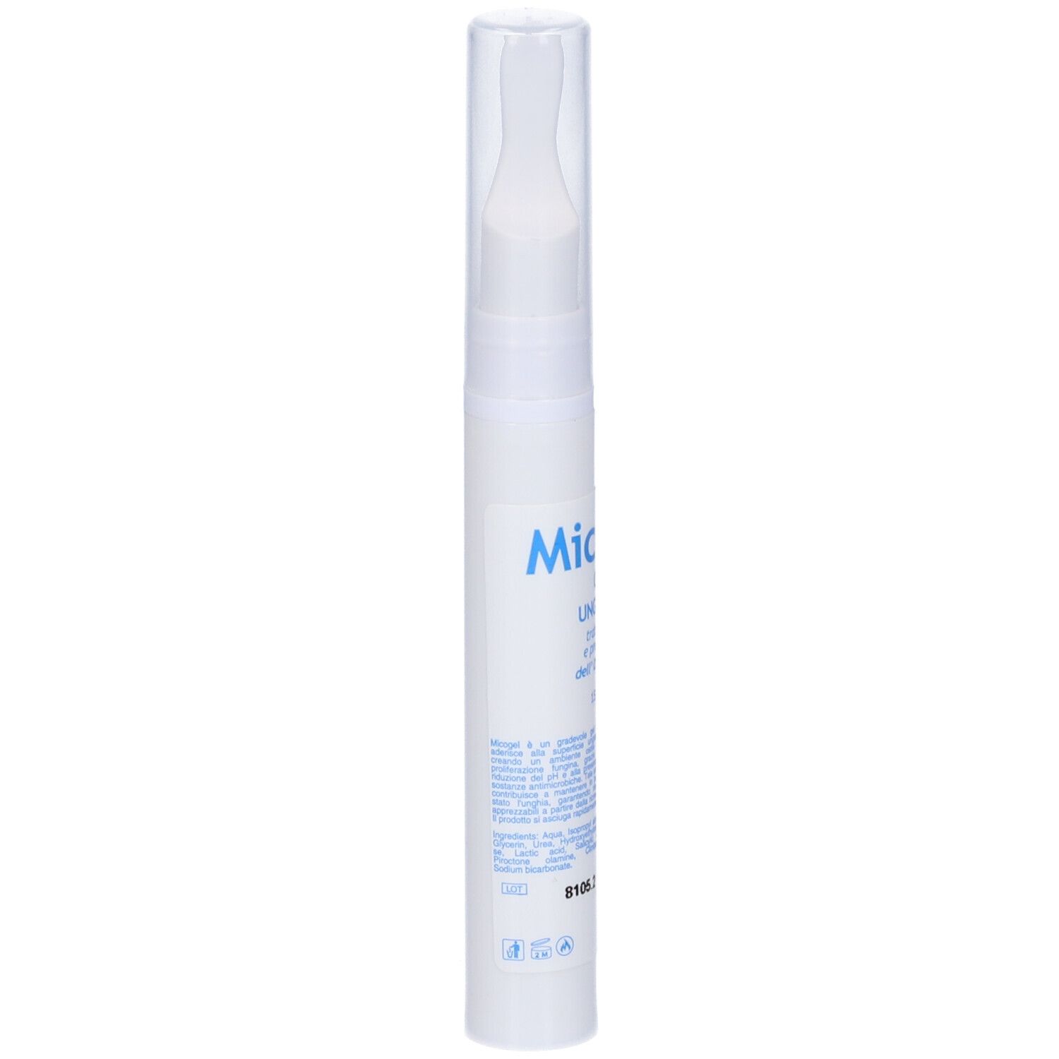 Applicatore gel bianco con tappo trasparente. Scritta blu: Micogel, Gel Ungueale. 15 ml.