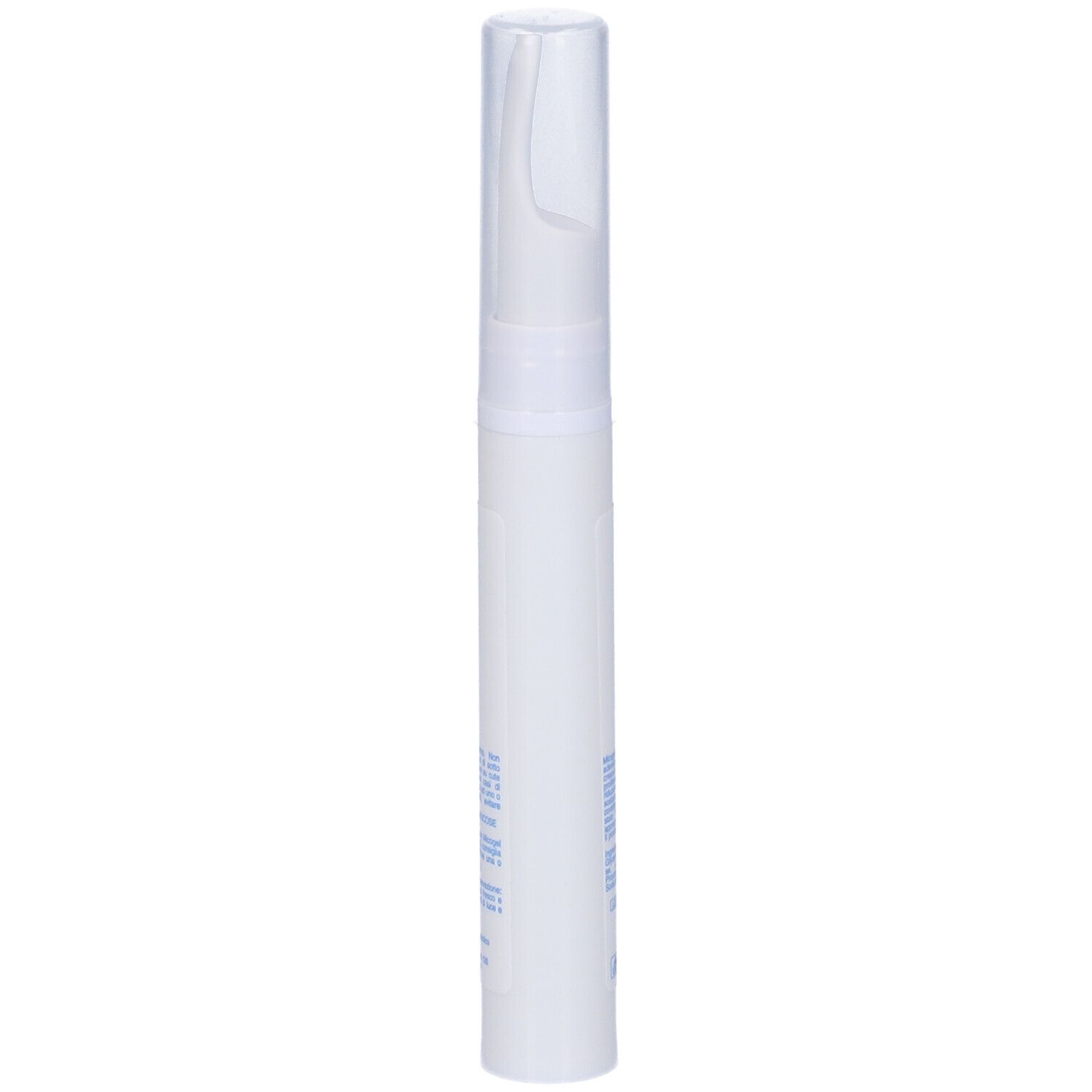 Applicatore gel bianco con tappo trasparente. Scritta blu: Micogel, Gel Ungueale. 15 ml.