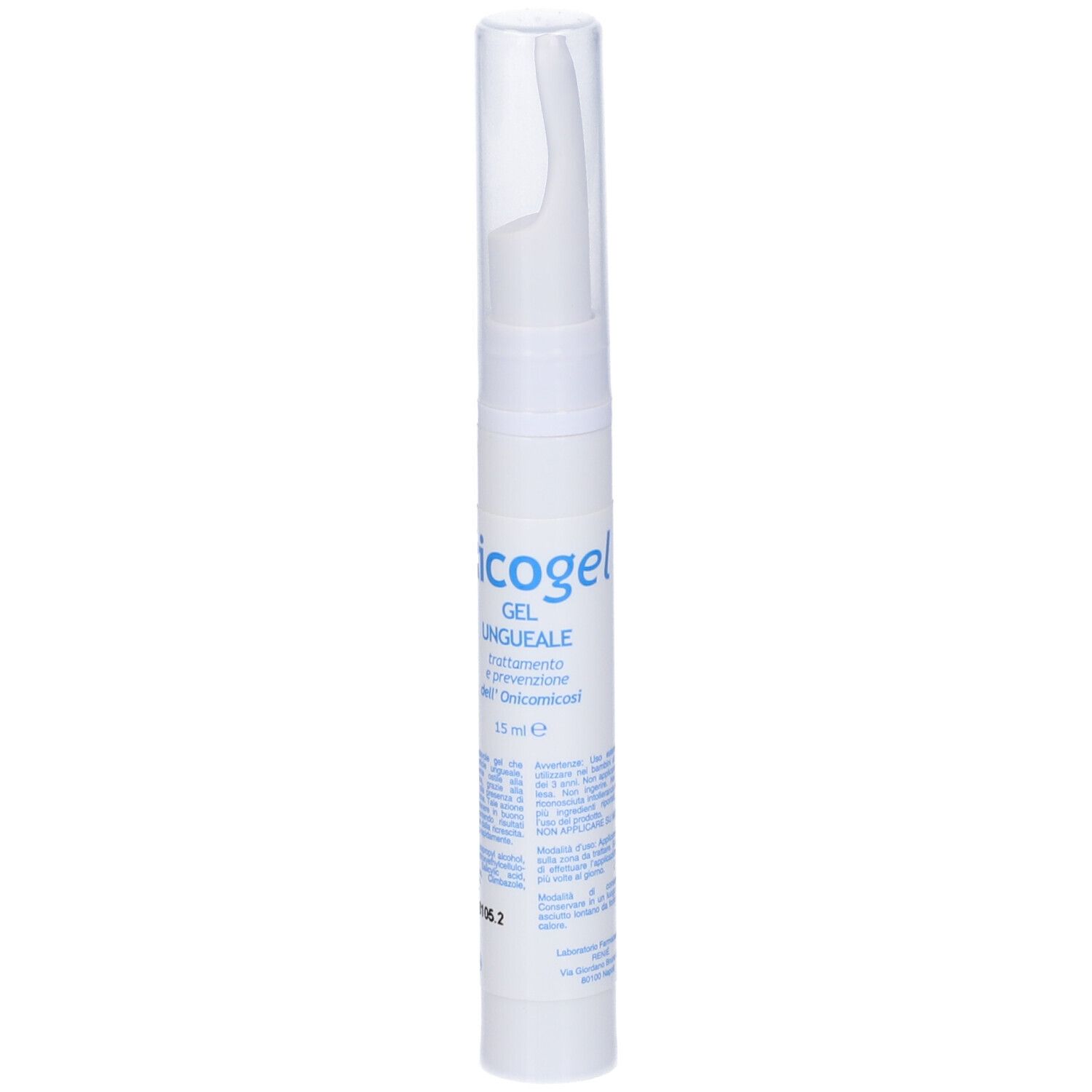 Applicatore gel bianco con tappo trasparente. Scritta blu: Micogel, Gel Ungueale. 15 ml.