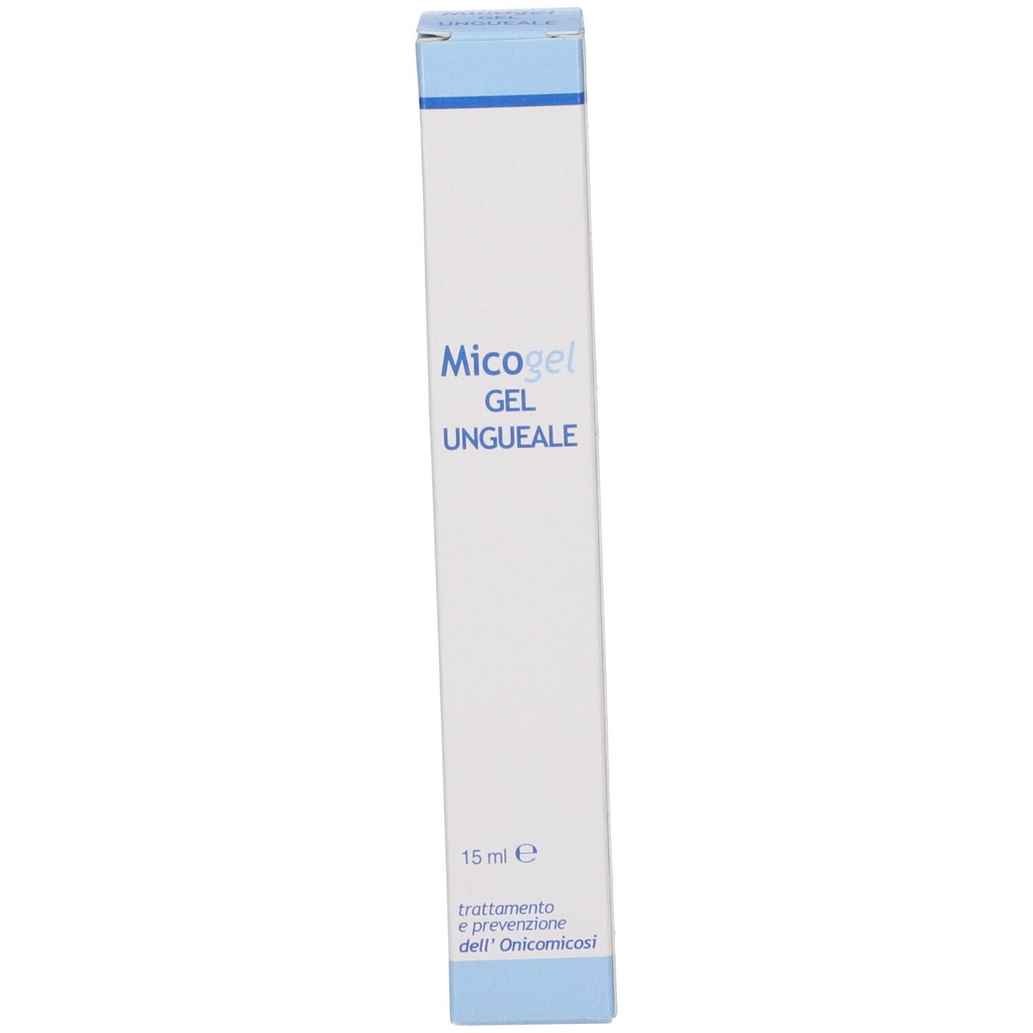Scatola bianca con scritta blu: Micogel, Gel Ungueale. 15 ml. Trattamento e prevenzione dell'onicomicosi.