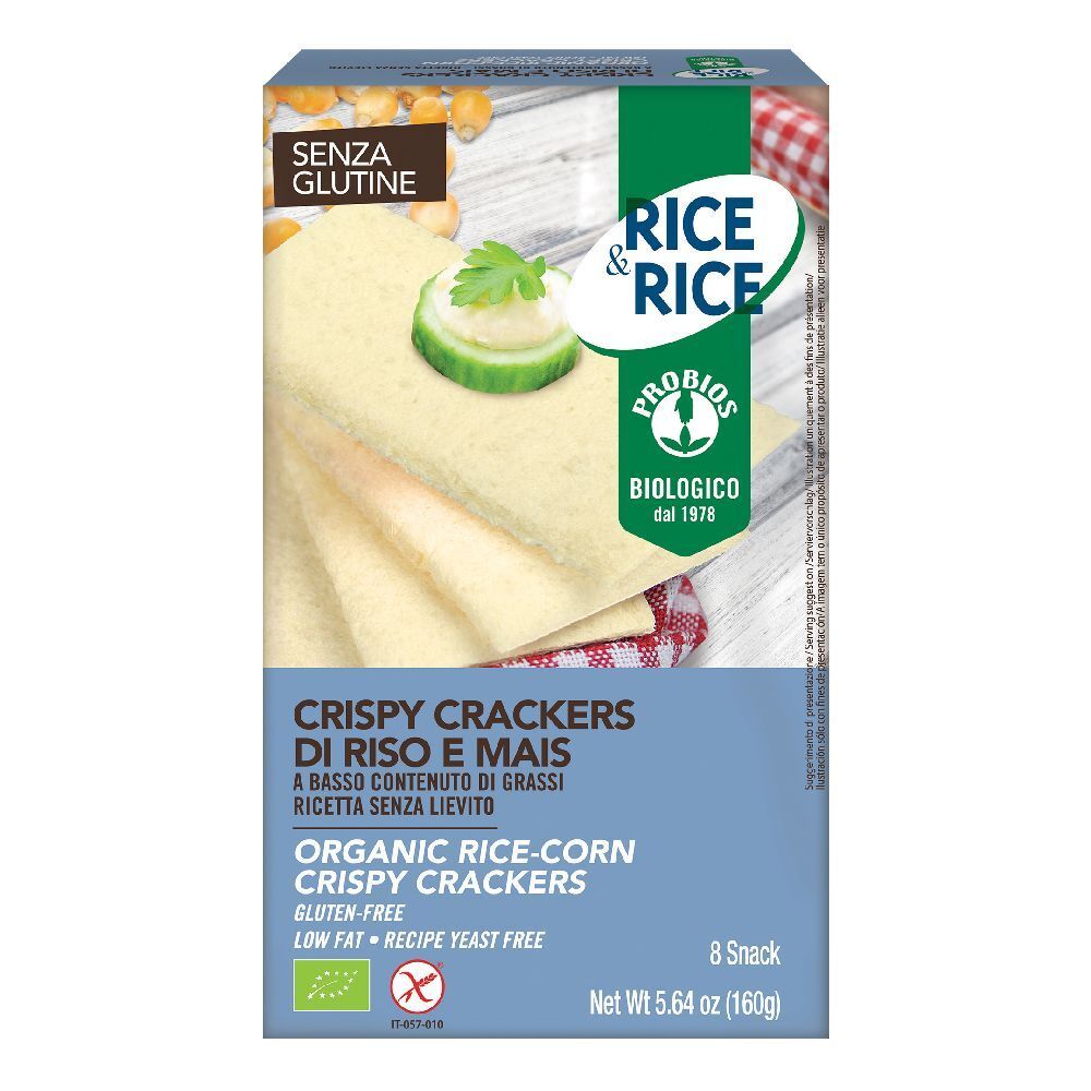 Confezione di cracker croccanti riso e mais. Senza glutine, a basso contenuto di grassi, senza lievito. Certificazione bio. 8 snack, 160g.