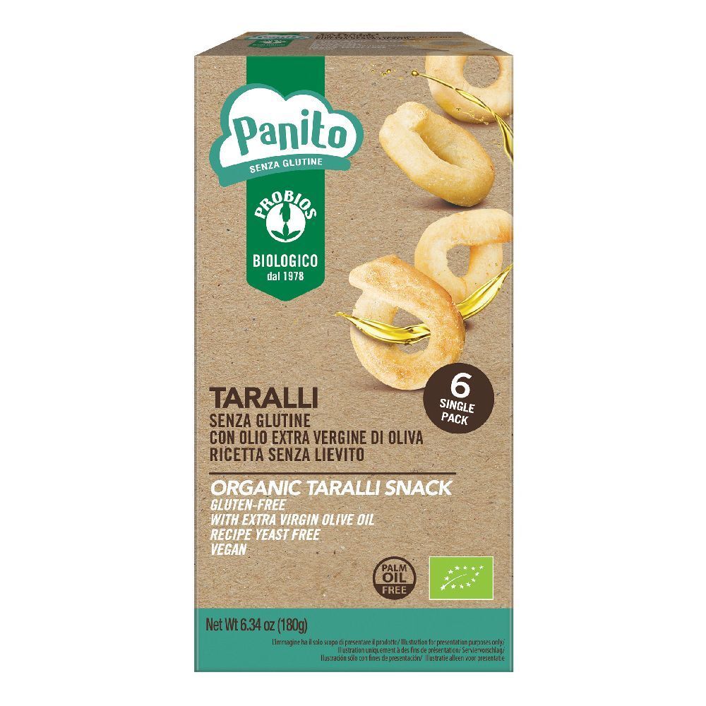 Confezione di snack Taralli. Scritta: Panito, senza glutine, biologico. 6 monoporzioni. Vegano, senza olio di palma.