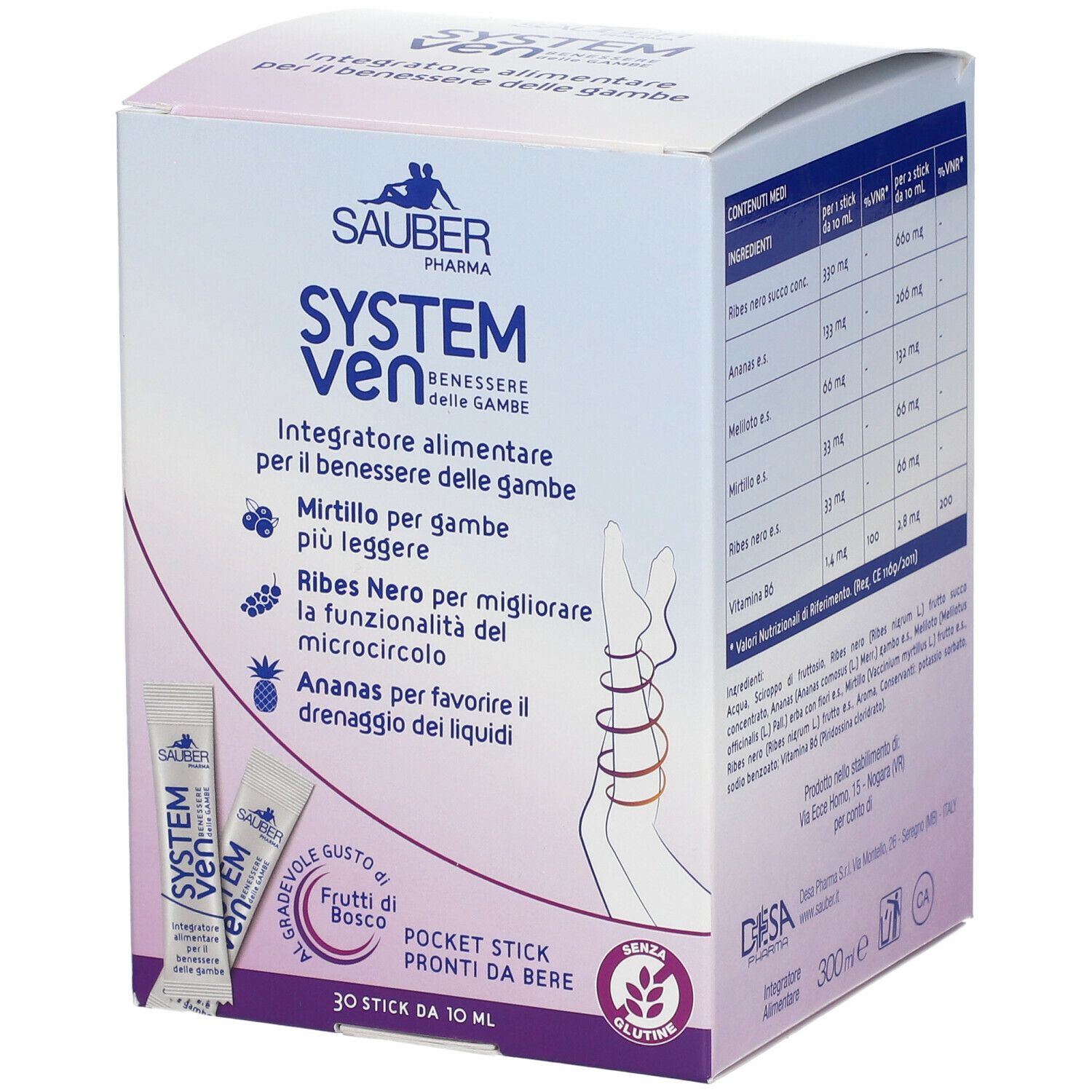Confezione con nome e logo del prodotto. Contiene 30 stick da 10 ml. Scritta: Integratore alimentare per il benessere delle gambe.