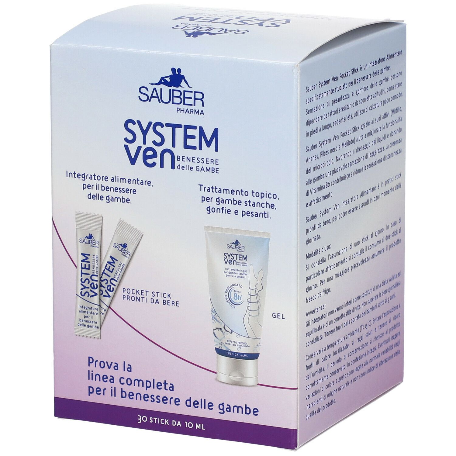 Confezione del prodotto con bustine e tubo di gel. Scritta: System Ven. Contiene 30 stick da 10 ml. Tubo di gel con 80% di gel.