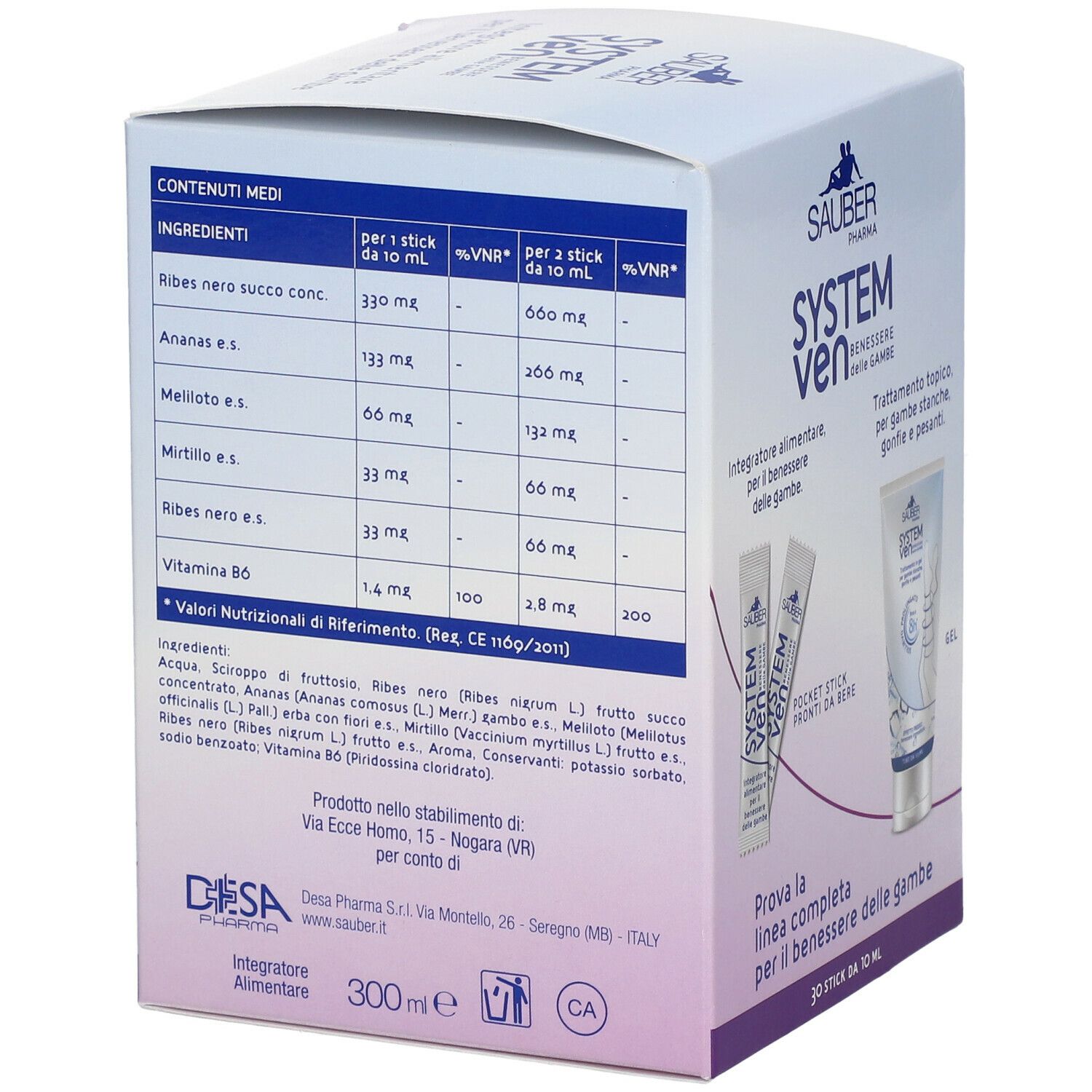 Confezione del prodotto con informazioni sugli ingredienti. Contiene 30 stick da 10 ml. Scritta: Integratore Alimentare. Produttore: Desa Pharma.