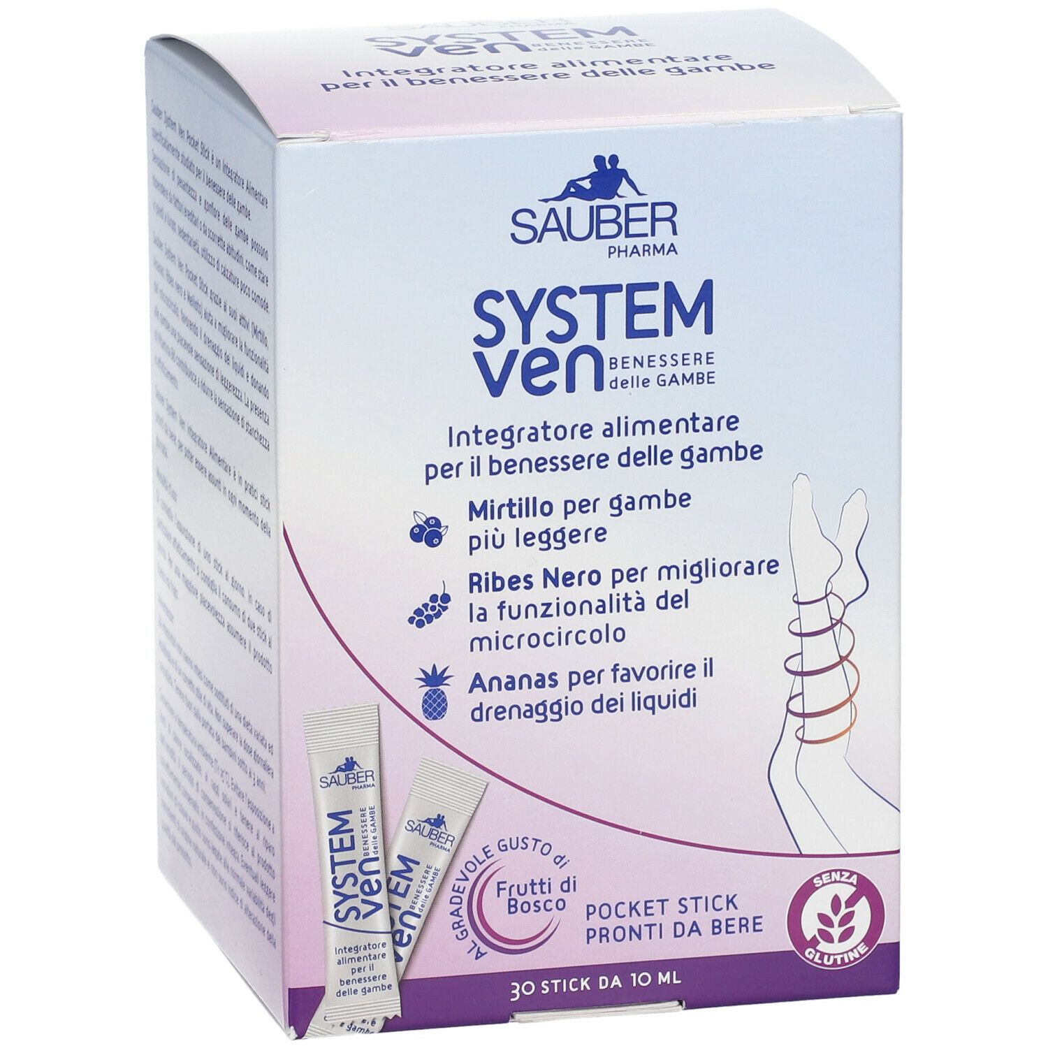 Confezione del prodotto con bustine. Contiene 30 stick da 10 ml. Scritta: Integratore alimentare per il benessere delle gambe. Senza glutine.