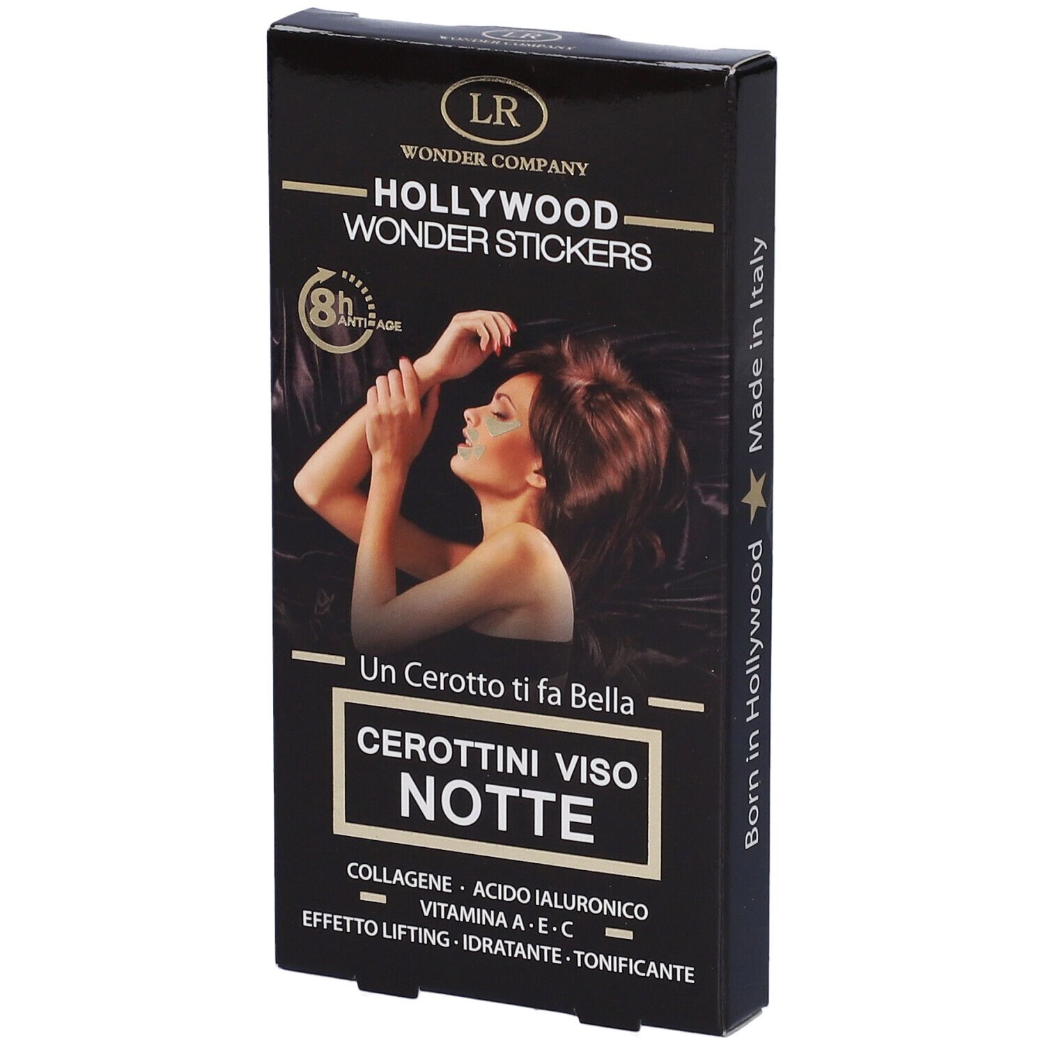 Confezione nera con immagine del prodotto. Scritta: Hollywood Wonder Stickers Cerottini Viso Notte. Contiene collagene, acido ialuronico, vitamine.