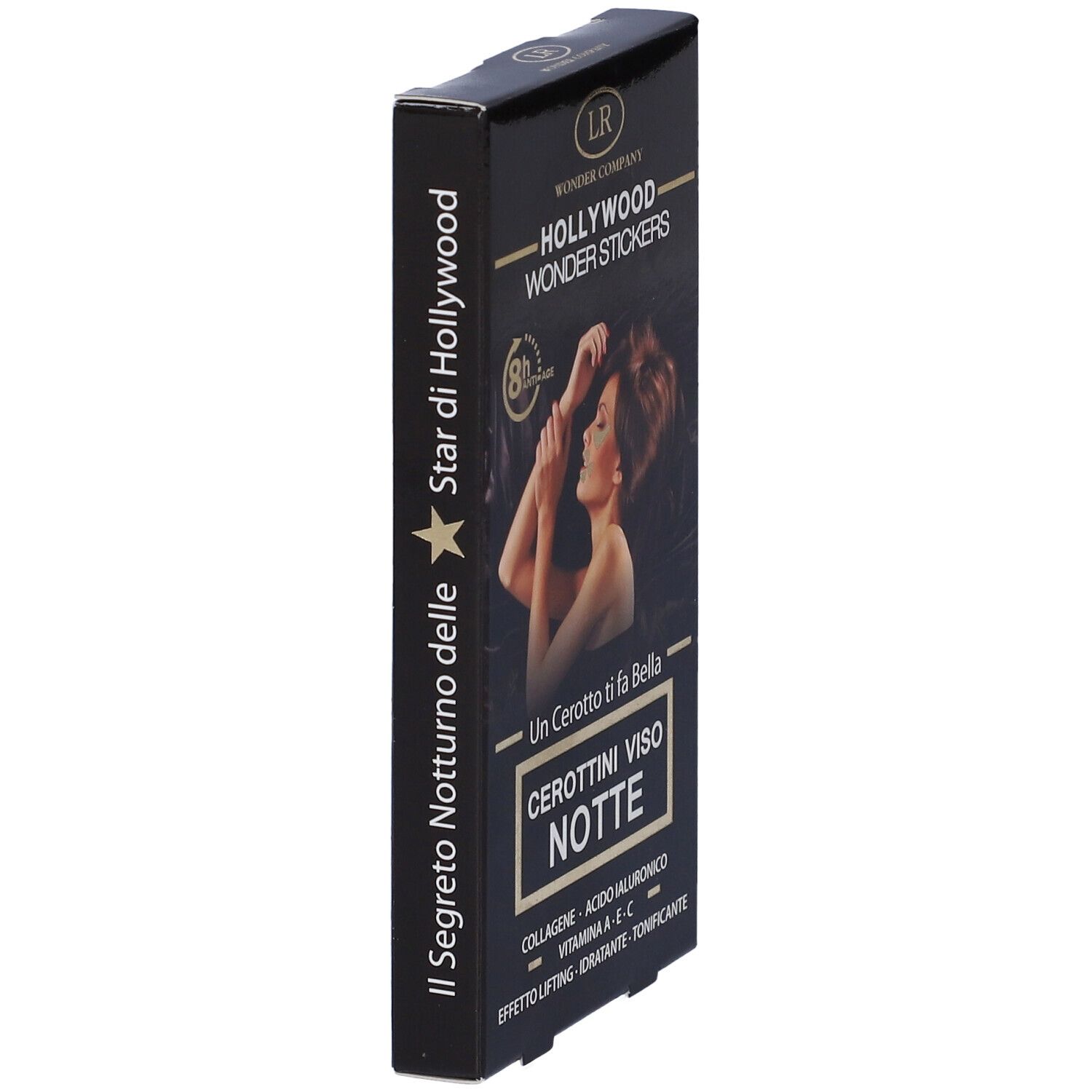 Confezione nera, vista laterale. Scritta: Hollywood Wonder Stickers. Testo: Cerottini Viso Notte. Prodotto in Italia. Con stella.