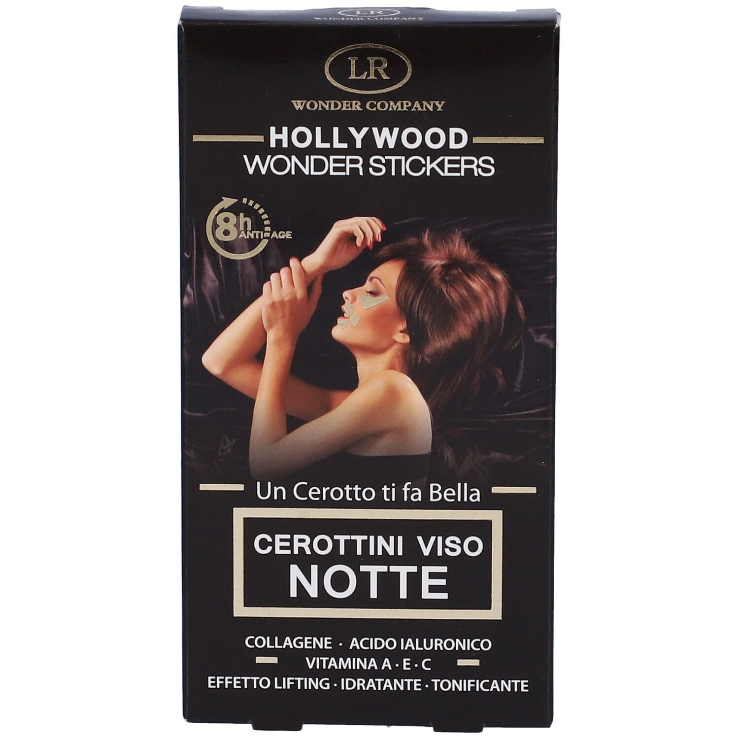 Confezione nera con immagine del prodotto. Scritta: Hollywood Wonder Stickers Cerottini Viso Notte. Contiene collagene, acido ialuronico, vitamine.