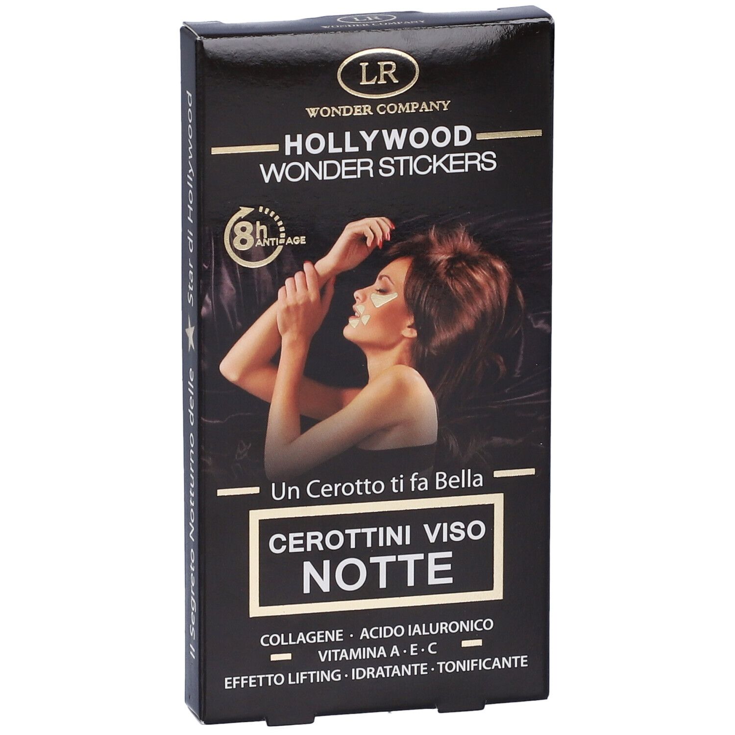 Confezione nera con immagine del prodotto. Scritta: Hollywood Wonder Stickers Cerottini Viso Notte. Contiene collagene, acido ialuronico, vitamine.