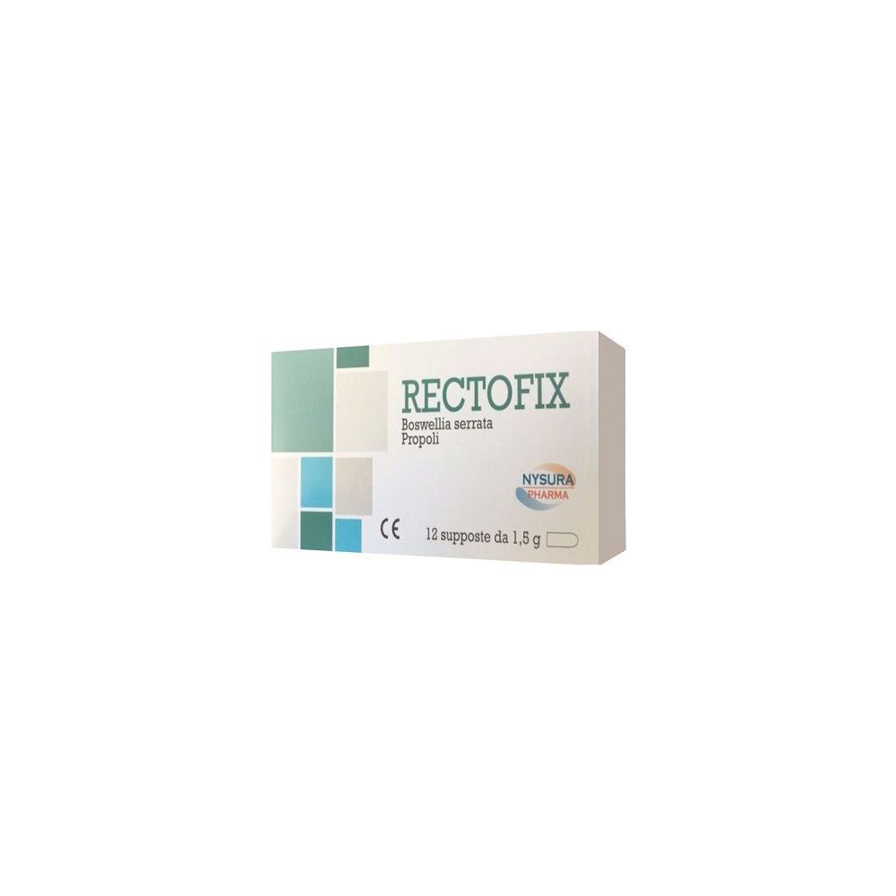 Scatola RECTOFIX, 12 supposte. Scritte: Boswellia serrata, Propoli, marchio CE. Confezione bianca e blu.