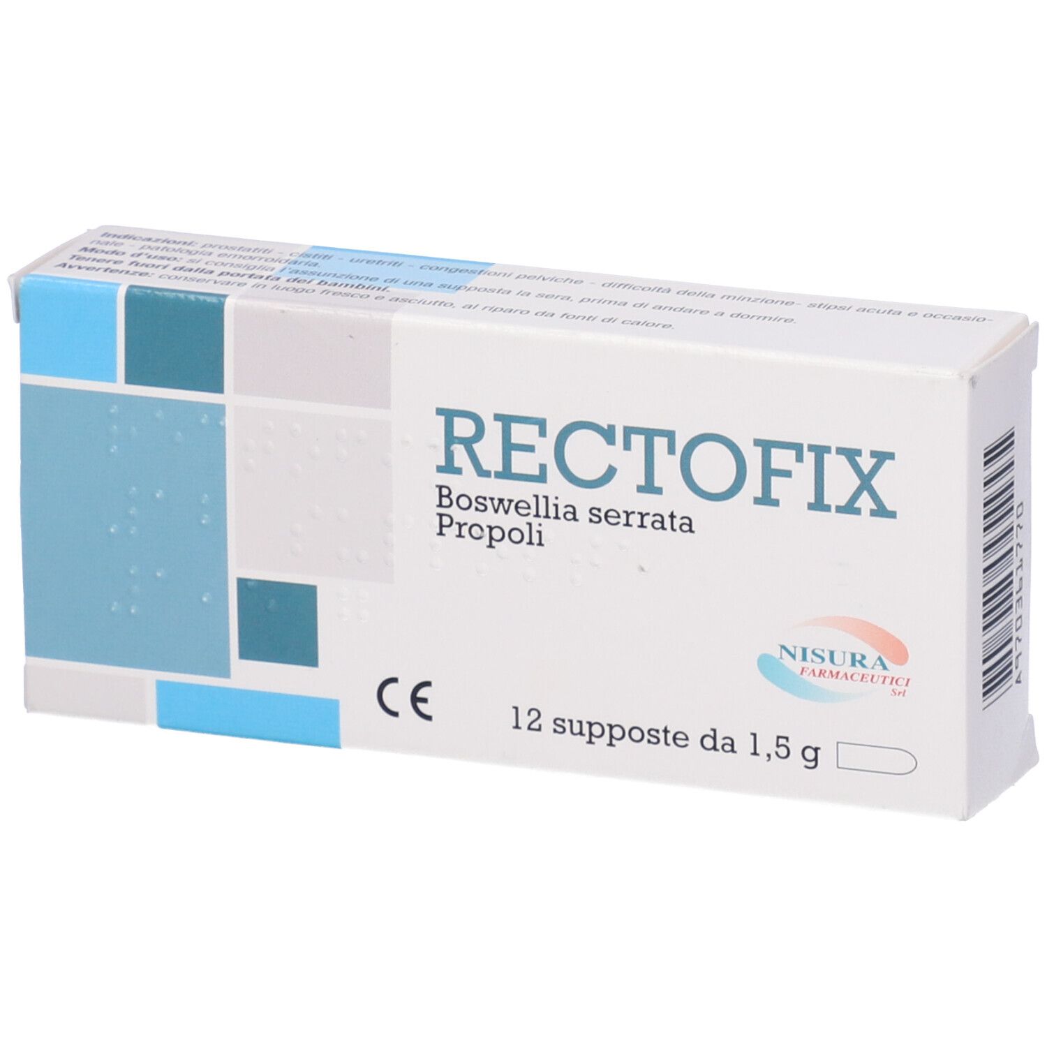 Scatola RECTOFIX, 12 supposte. Scritte: Boswellia serrata, Propoli, marchio CE. Produttore Nisura Farmaceutici.