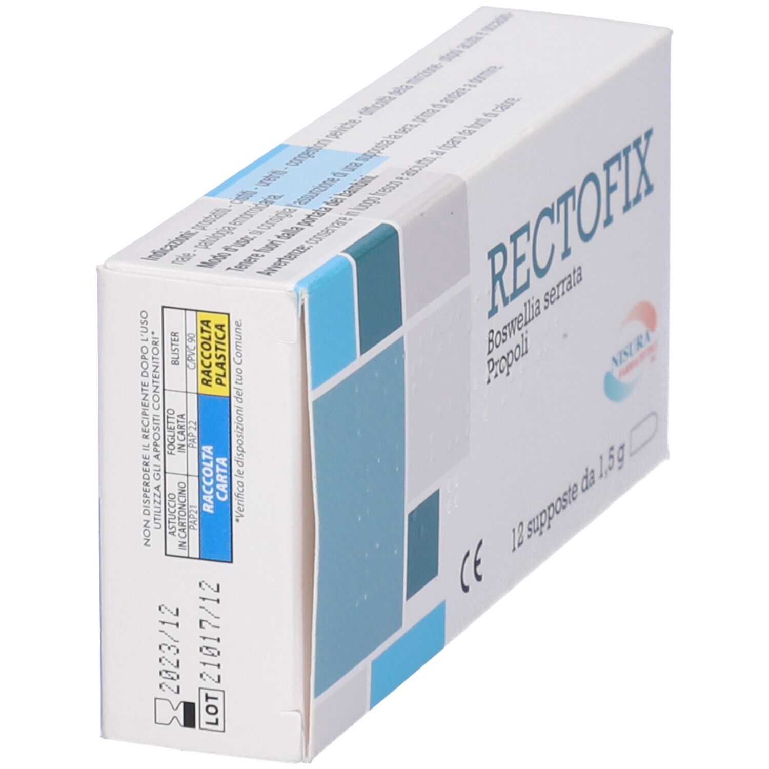 Scatola RECTOFIX, 10 supposte. Scritte: Boswellia serrata, Propoli, marchio CE. Produttore Nisura Farmaceutici. Istruzioni.