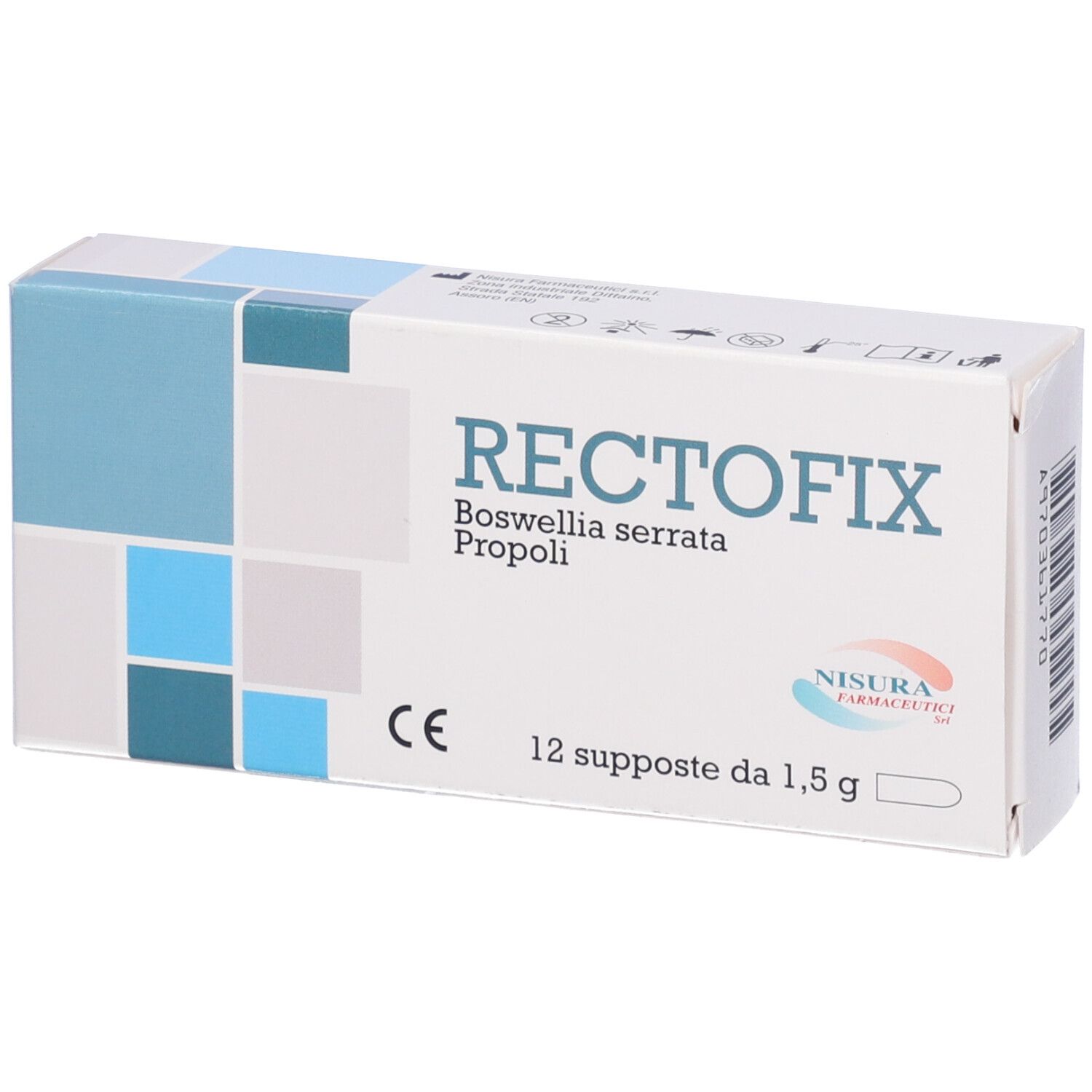 Scatola RECTOFIX, 12 supposte. Scritte: Boswellia serrata, Propoli, marchio CE. Produttore Nisura Farmaceutici. Confezione.