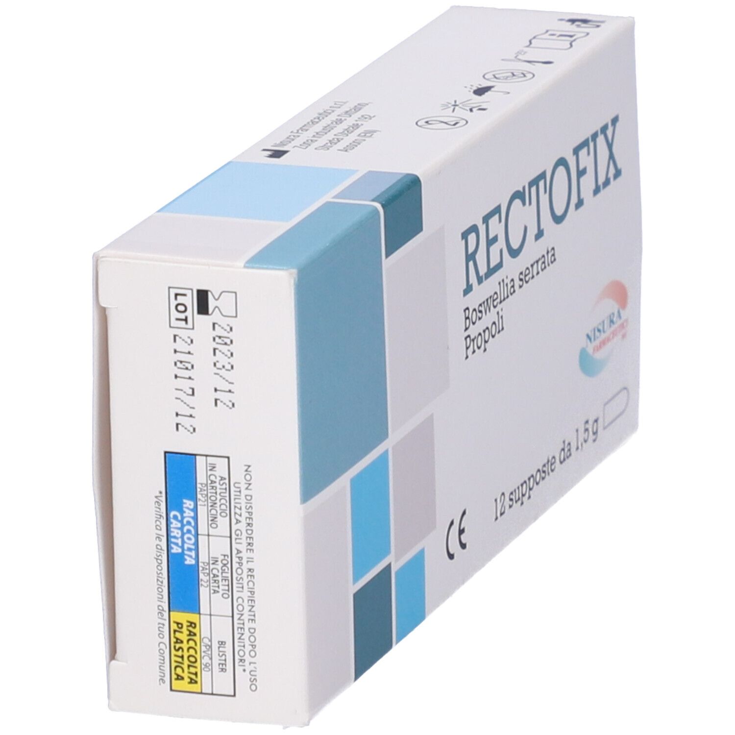 Scatola RECTOFIX, 10 supposte. Scritte: Boswellia serrata, Propoli, marchio CE. Produttore Nisura Farmaceutici. Confezione.