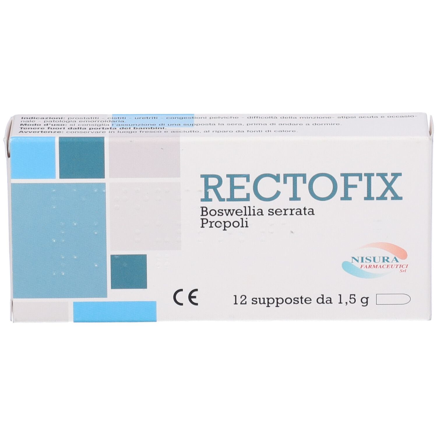 Scatola RECTOFIX, 12 supposte. Scritte: Boswellia serrata, Propoli, marchio CE. Produttore Nisura Farmaceutici. Confezione.