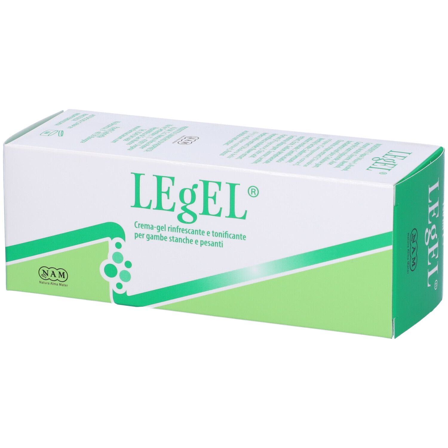 Confezione LEgEL, verde e bianca. Testo e logo. Vista prospettica. Logo NAM.
