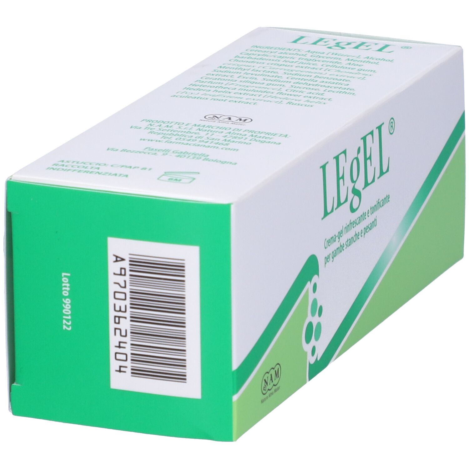 Confezione LEgEL, verde e bianca. Testo e logo. Vista prospettica. Codice a barre e testo.