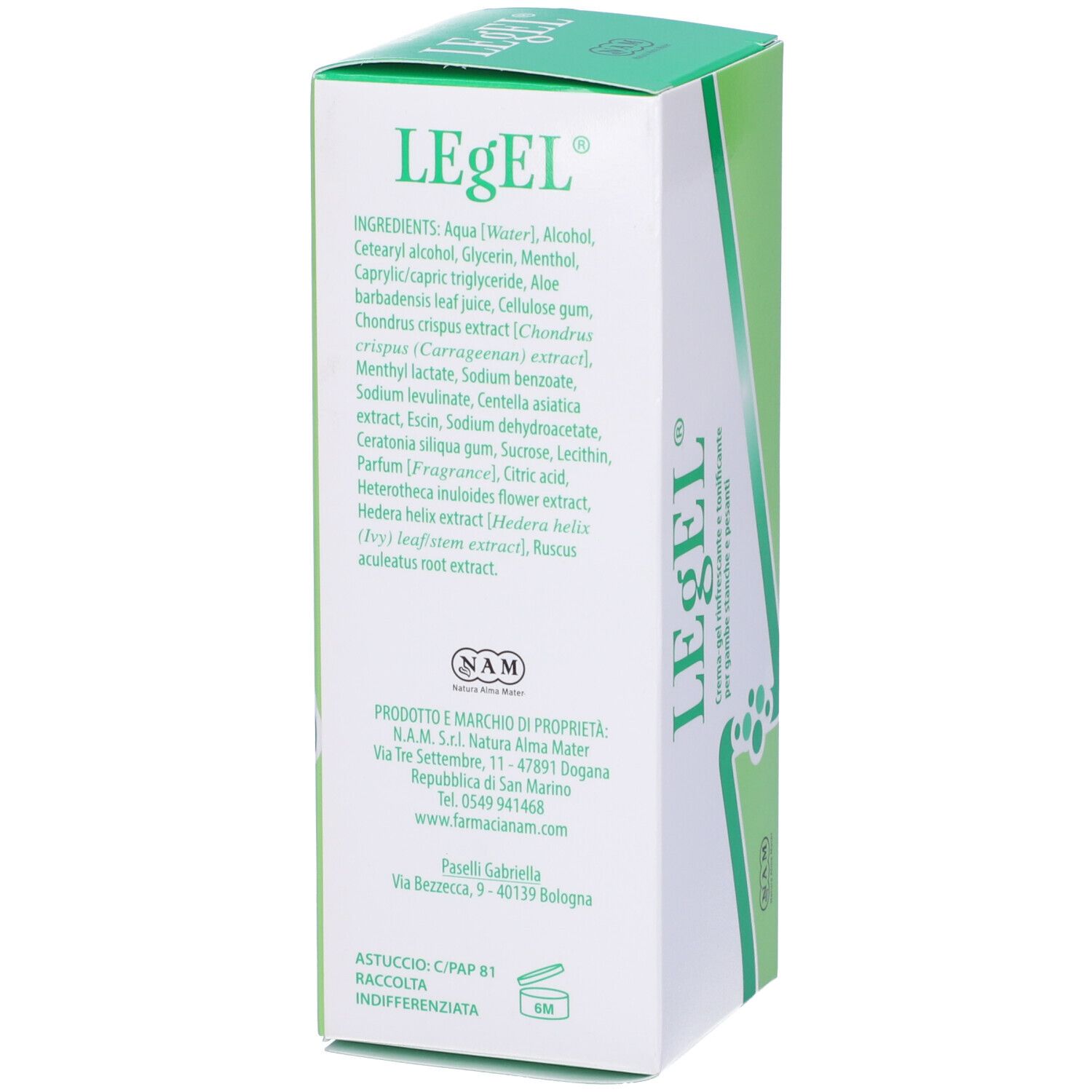 Confezione LEgEL, verde e bianca. Testo e logo. Elenco ingredienti sul retro. Logo NAM.