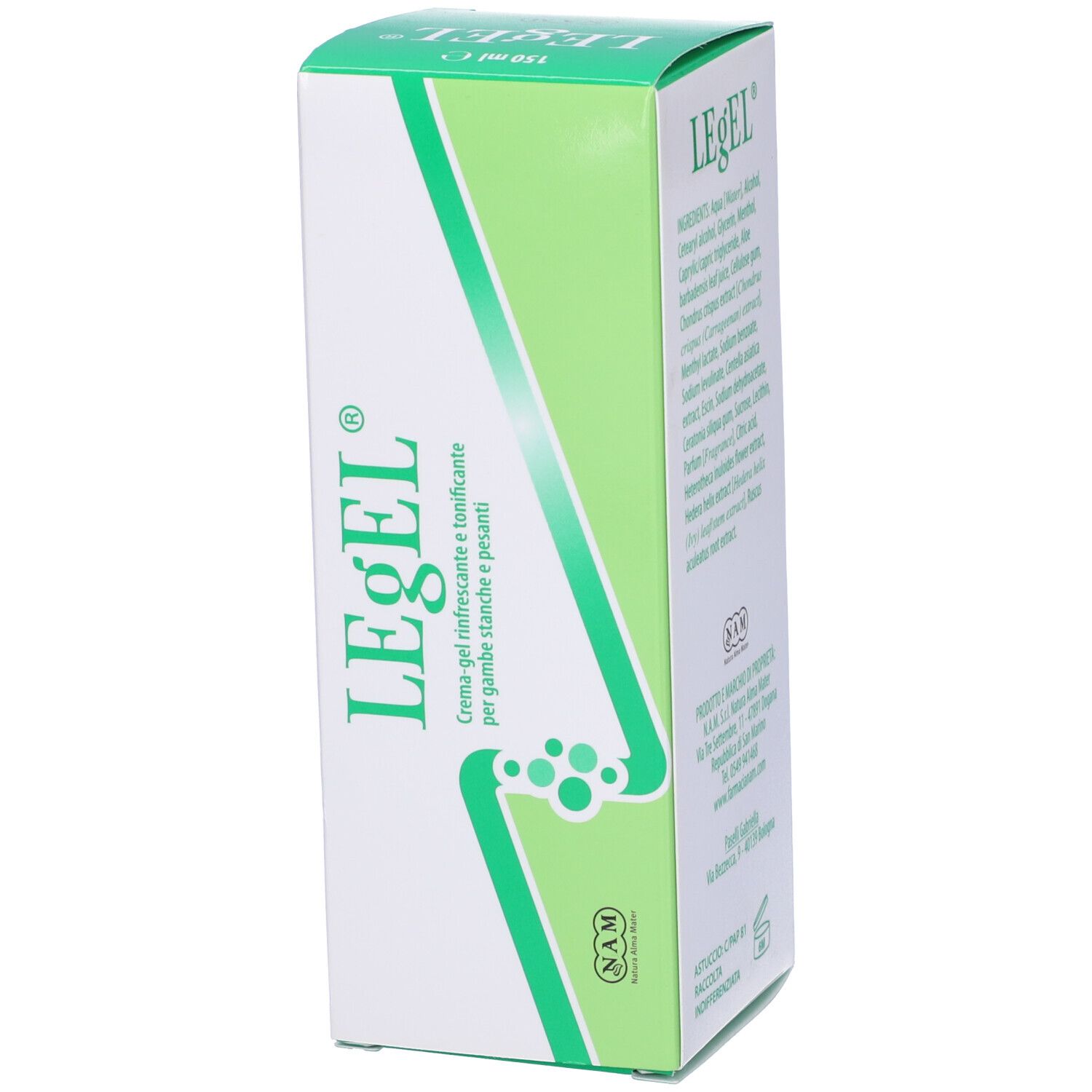 Confezione LEgEL, verde e bianca. Testo e logo. Vista prospettica. Logo NAM.