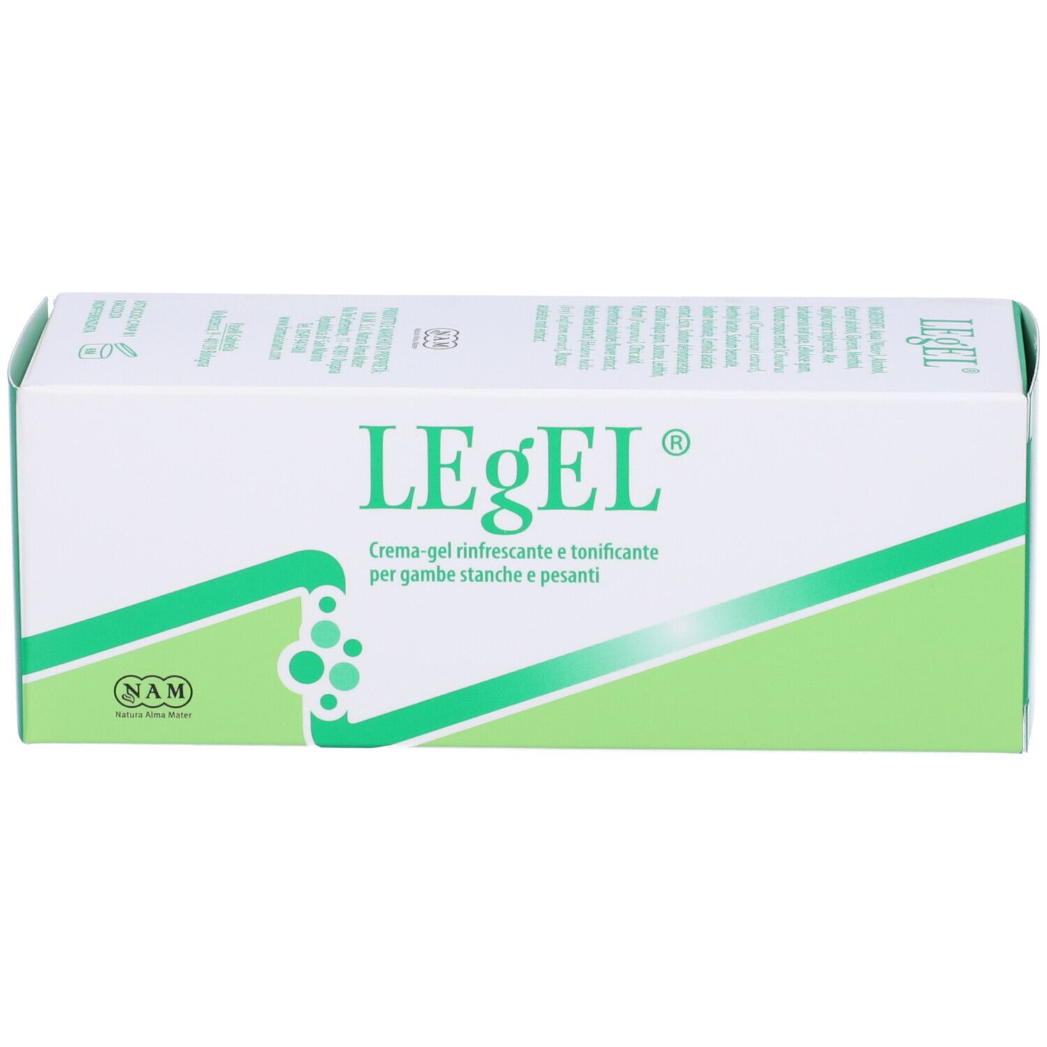 Confezione LEgEL, verde e bianca. Testo e logo. Logo NAM. Forma rettangolare.