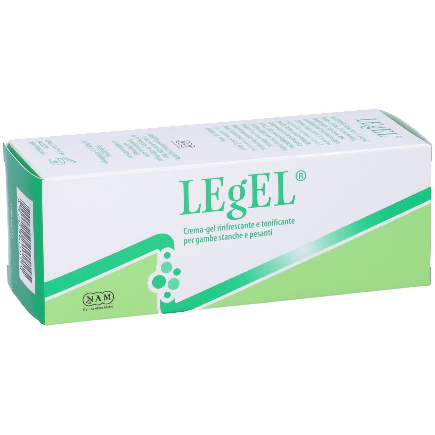 Confezione LEgEL, verde e bianca. Testo e logo. Vista prospettica. Logo NAM.