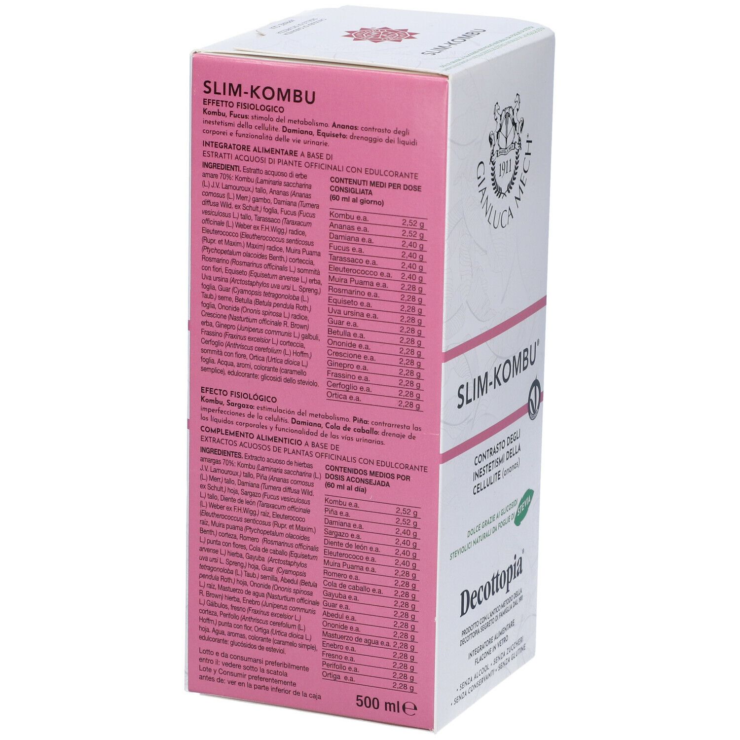 Confezione Slim-Kombu. Scatola bianca e rosa con dettagli prodotto e ingredienti. Contenuto 500 ml.