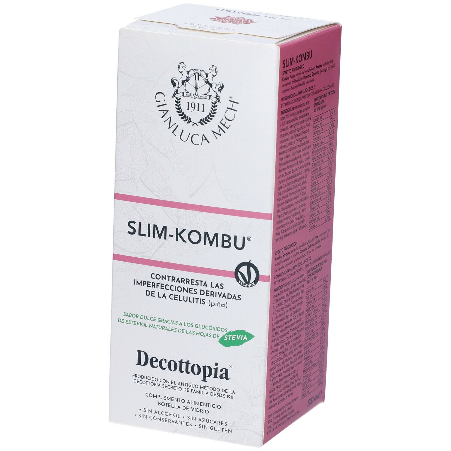Confezione Slim-Kombu. Scatola bianca con dettagli rosa. Nome prodotto e logo visibili. Foglia di stevia.